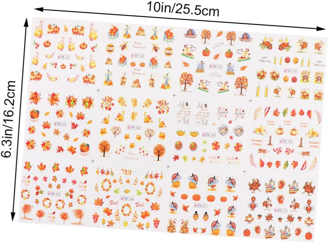 2PCS Halloween Nail Decals Fall Fingernail Sticker Autumn Nail Art Stickers Thanksgiving Nail Decals Water Transfer Maple Leaf Miss Adhesive Big Sheet image number 4