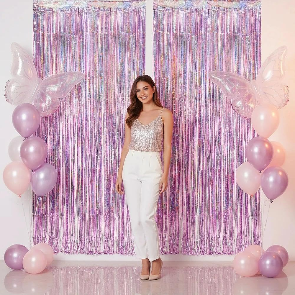 Backdrop Curtain Fringe Curtain Set, Pastel Pink Tinsel Foil Fringe Backdrop Party Decoration 1 M &times; 2.5 M Pack of 2 for Birthday Wedding Photo Booth Wall Door Decor &ndash; Haheihei image number 3