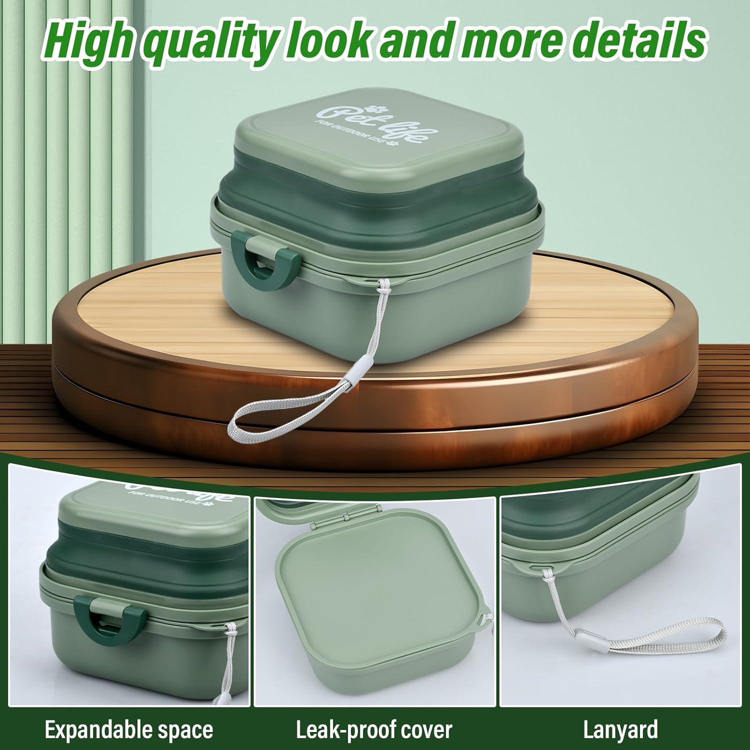 Portable Foldable Dog Bowl, 400 + 400 Ml, 2-In-1 Food Bowl, Travel Bowl, Dogs with Lid and Carabiner for Dogs and Cats, for Travel or at Home, Green image number 2
