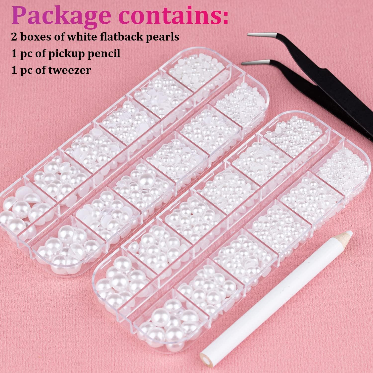Belleboost Flat Back Pearls Kits 2 Boxes of Flatback White Half round Pearls with Pickup Pencil and Tweezer for Home DIY and Professional Nail Art, Face Makeup and Craft - 02-2 Boxes White image number 4