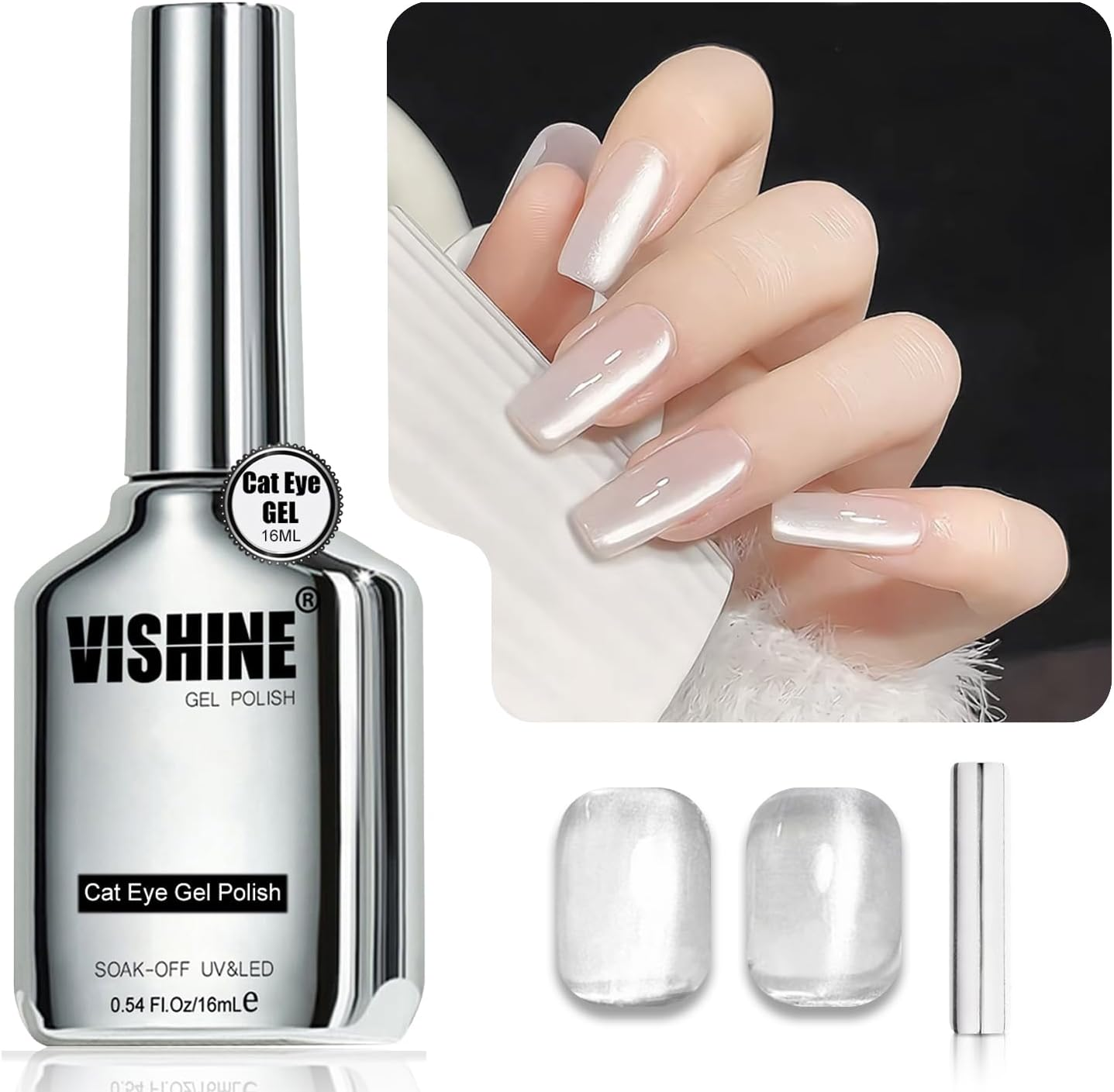 Vishine 16Ml Cat Eye Gel Nail Polish &ndash; Glitter Holographic Magnetic Gel, Reflective Translucent UV Gel, Silvery Moonlight (H002) image number 5