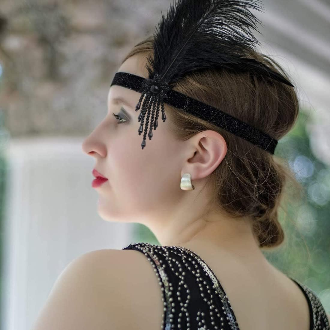 SJBAUTYO 1920S Flapper Headband, 1920S Headband Beads Flapper, Feather Headband Beads Headband, 20S Hair Accessories for Party Jewellery Women Girls image number 2