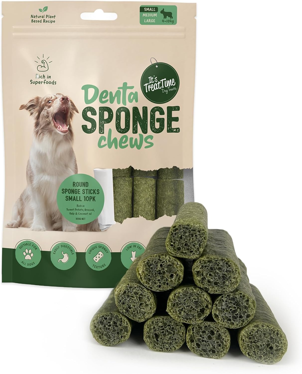 It'S Treat Time Denta Sponge Chews, round Sticks, Natural Plant Based,Small 10 Pack &ndash; Dental Chews with Superfoods, Low Fat, Easily Digestible, Helps Reduce Plaque & Tart, Seaweed Flavour