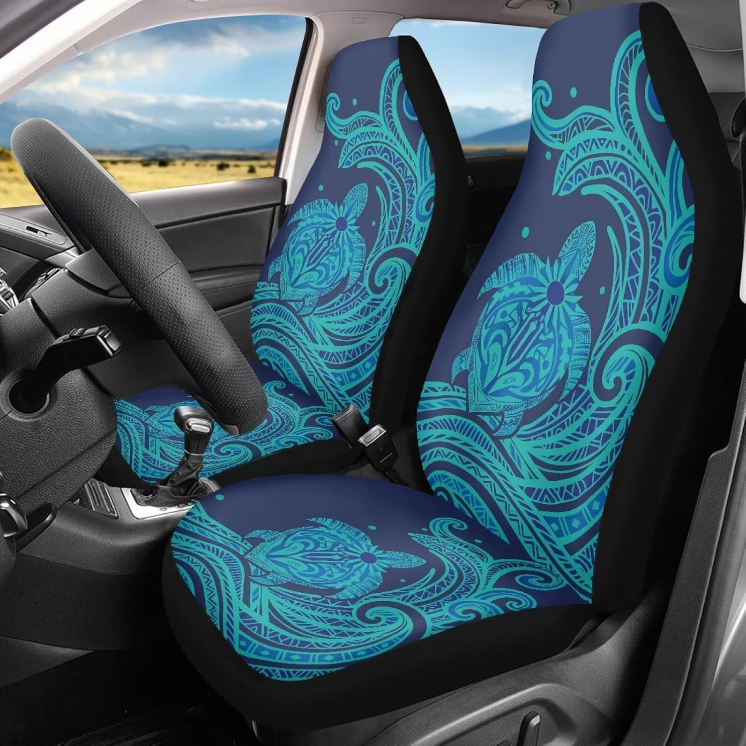 Bulopur Sea Turtle Car Front Seat Covers Full Set Polynesia Floral Auto Seat Covers Stretchable Polyester Automotive Cushion Cover Soft Breathable Auto Interior Decorations