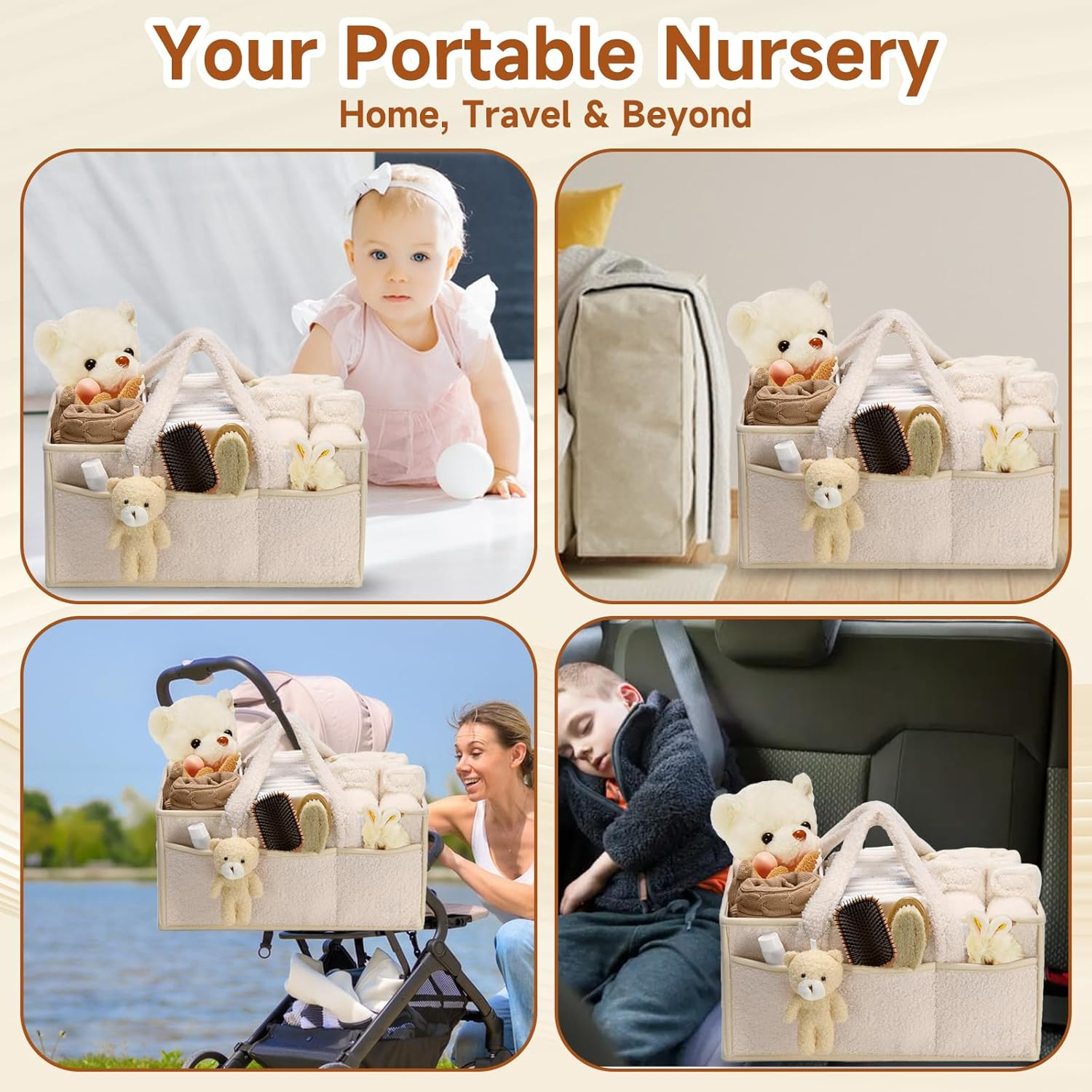 Togemvvs Baby Diaper Caddy Organizer, Baby Storage Basket for Diapers and Wipes, Portable Nappy Caddy with Bear (Ivory White) image number 4