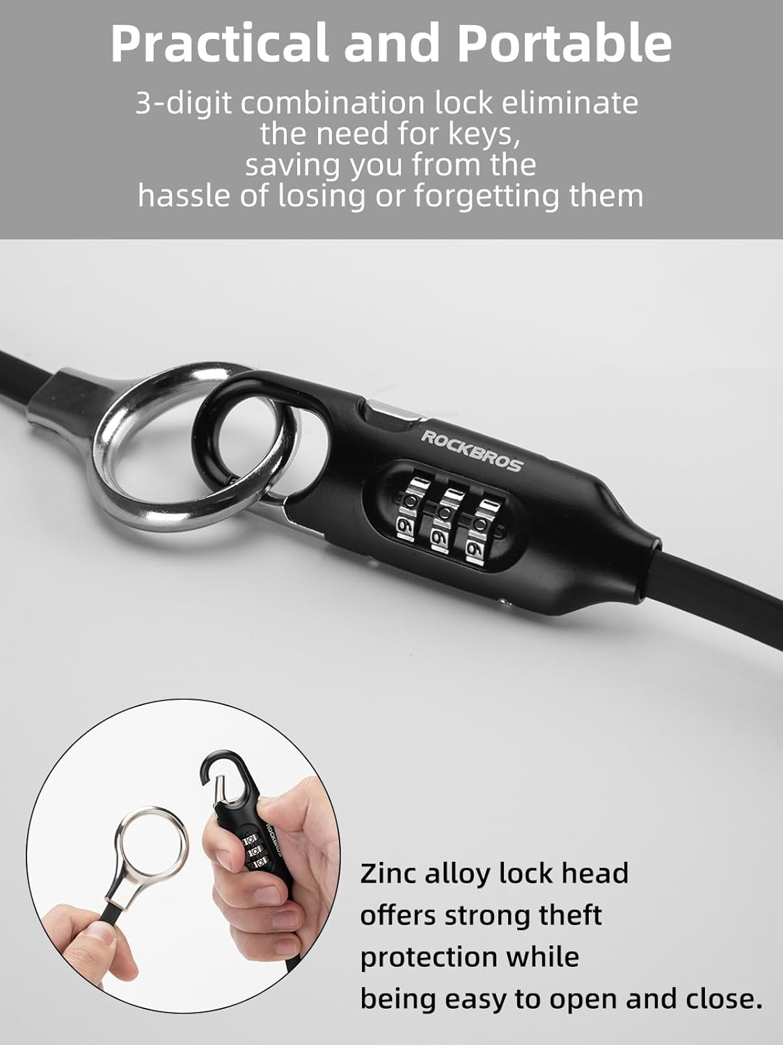 ROCKBROS 5FT Bike Lock Cable with Preset Combination Lightweight Versatile & Weatherproof Security Bike Lock Black image number 3