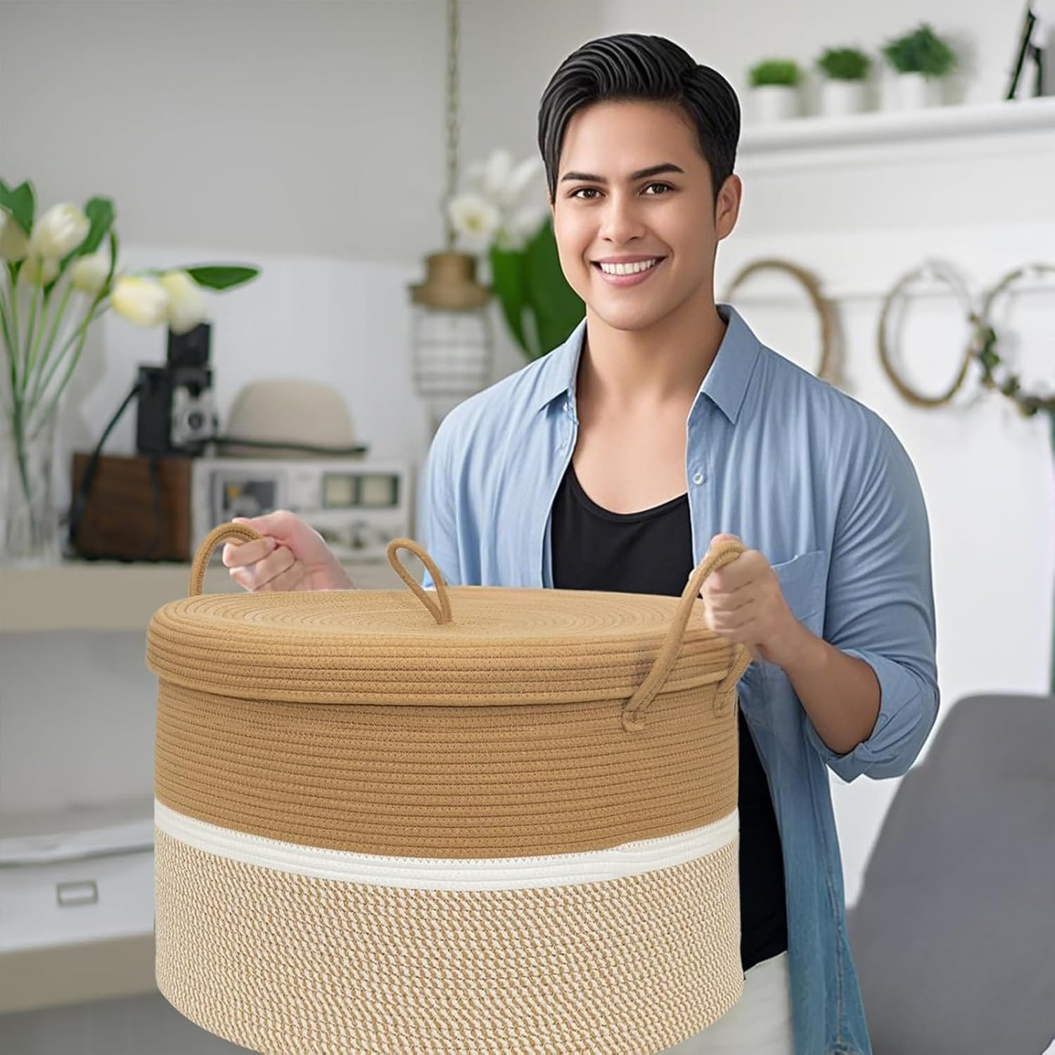 Extra Large Cotton Rope Woven Basket, Throw Blanket Storage Basket with Handles,Woven Storage Organizer for Blankets,Toys, Clothes, Rustic Rope Basket for Living Room, 50Cmx50Cmx38Cm image number 6