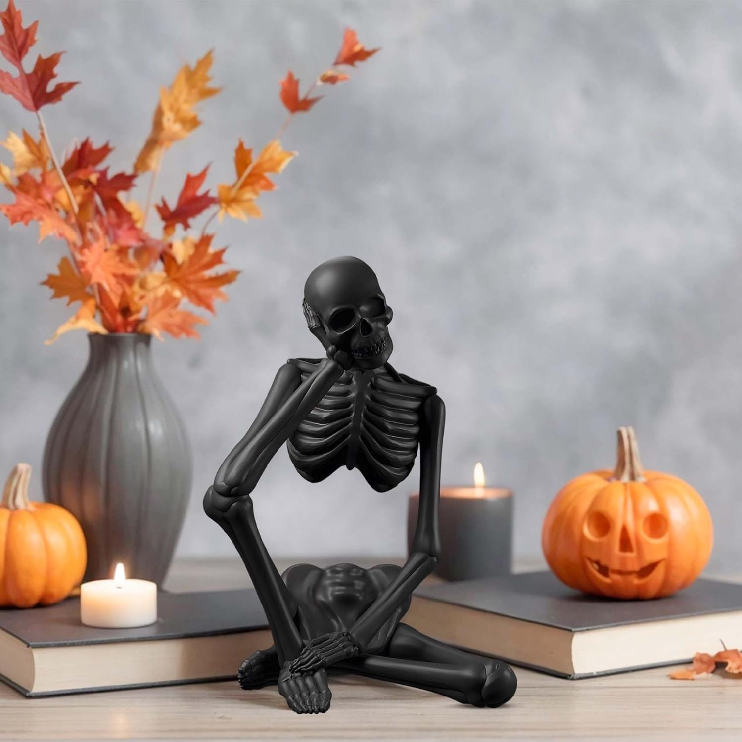 Loyzcy Thinker Statue Decor, Resin Sculptures Whimsical Home Decor, Black Skeleton Skull Abstract Aesthetic, Collectible Figurines for Table Office Shelf Decor