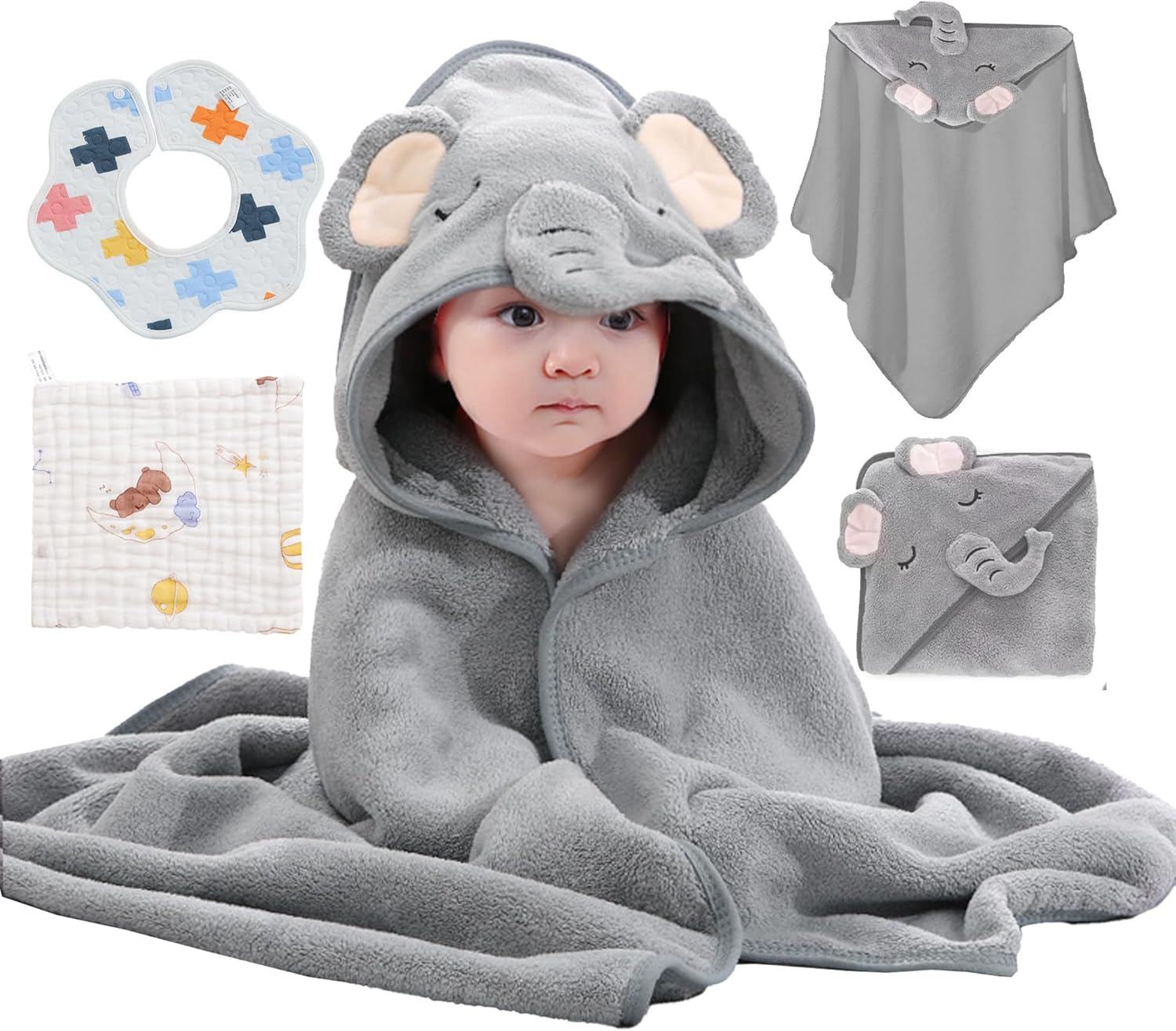 3-Piece Hooded Baby Towel Set - Super Soft Hooded Baby Bath Towels with Small Towel and Baby Bib for Infants, Newborns - Super Absorbent (Gray)