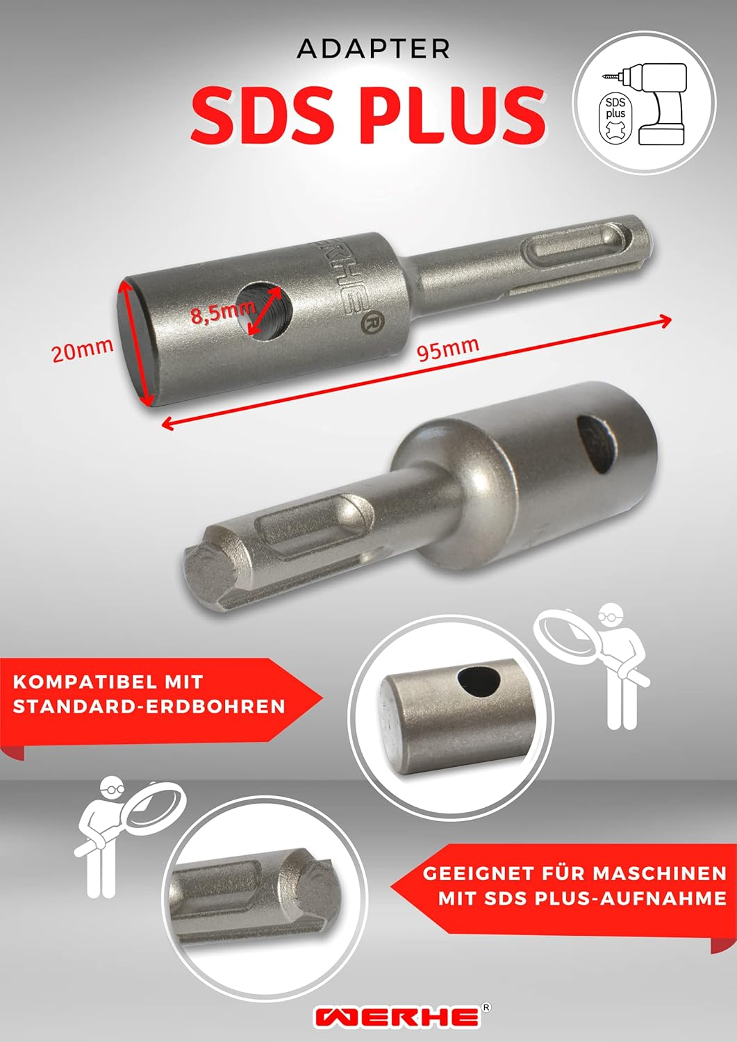 WERHE Professional Adapter for Earth Auger Suitable for SDS plus Drill, Cordless Drill, Post Drill with Bolts Made of High-Quality Spring Steel image number 4
