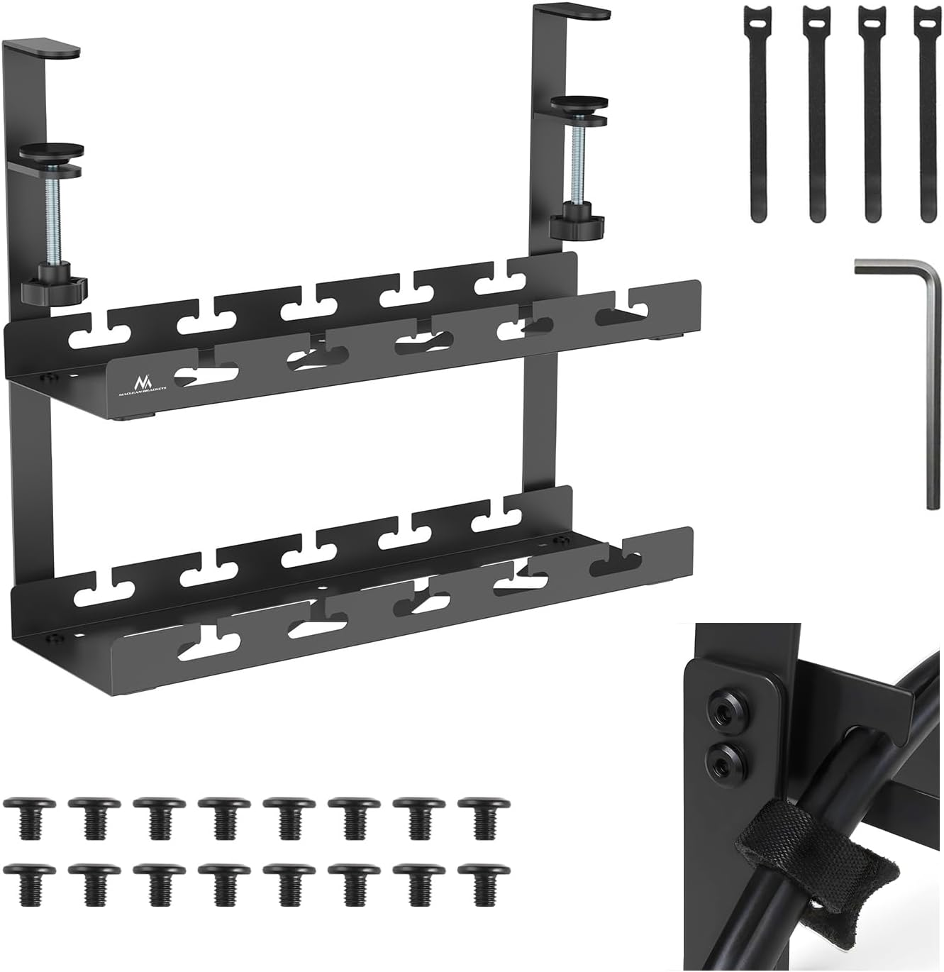 Maclean MC-104 B Under-Table Cable Organiser 40 Cm Two-Stage Metal Shelf with Clamp, Cable Grommets, Fasteners for Power Strip, Router, Cable Management Office Gaming Black