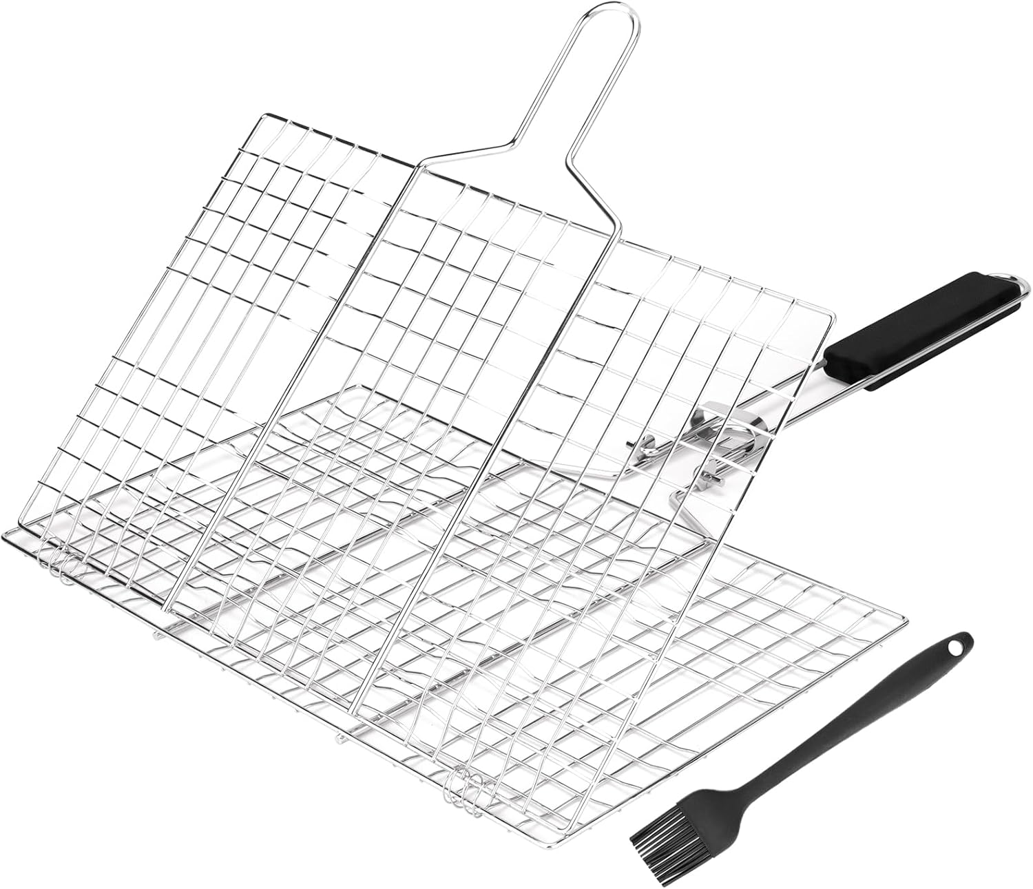 Fish & Vegetable Grill Basket,Portable Stainless Steel BBQ Grill Basket,Folding Outdoor Camping BBQ Rack for Fish, Shrimp, Vegetables, Barbeque Griller Cooking Accessories (Adjustable Black)