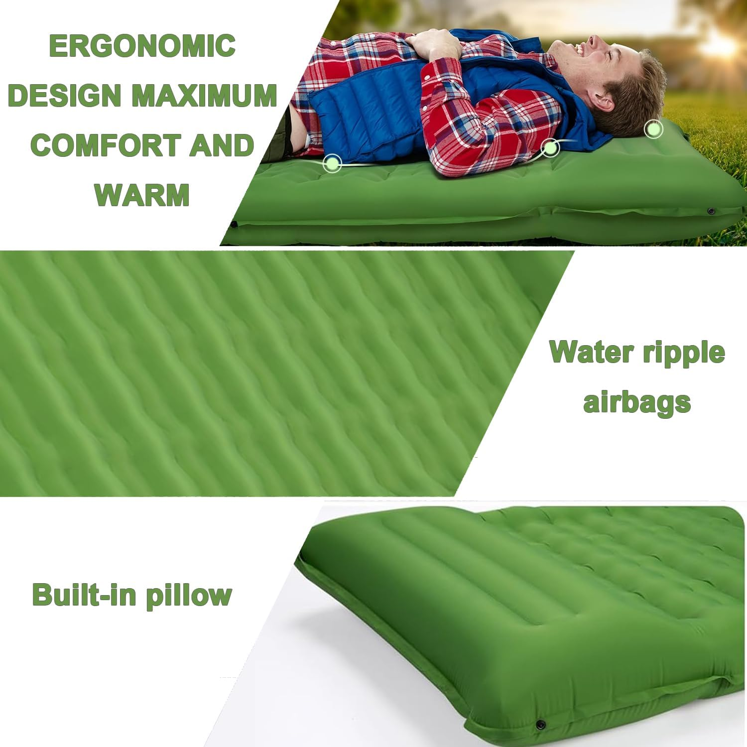 Extra Thick 5" Inflatable Camp Mat with Integrated Pillow & Foot Pump | Portable Airbed for Outdoor Adventures | Compact Travel Sleep System (Green) image number 2