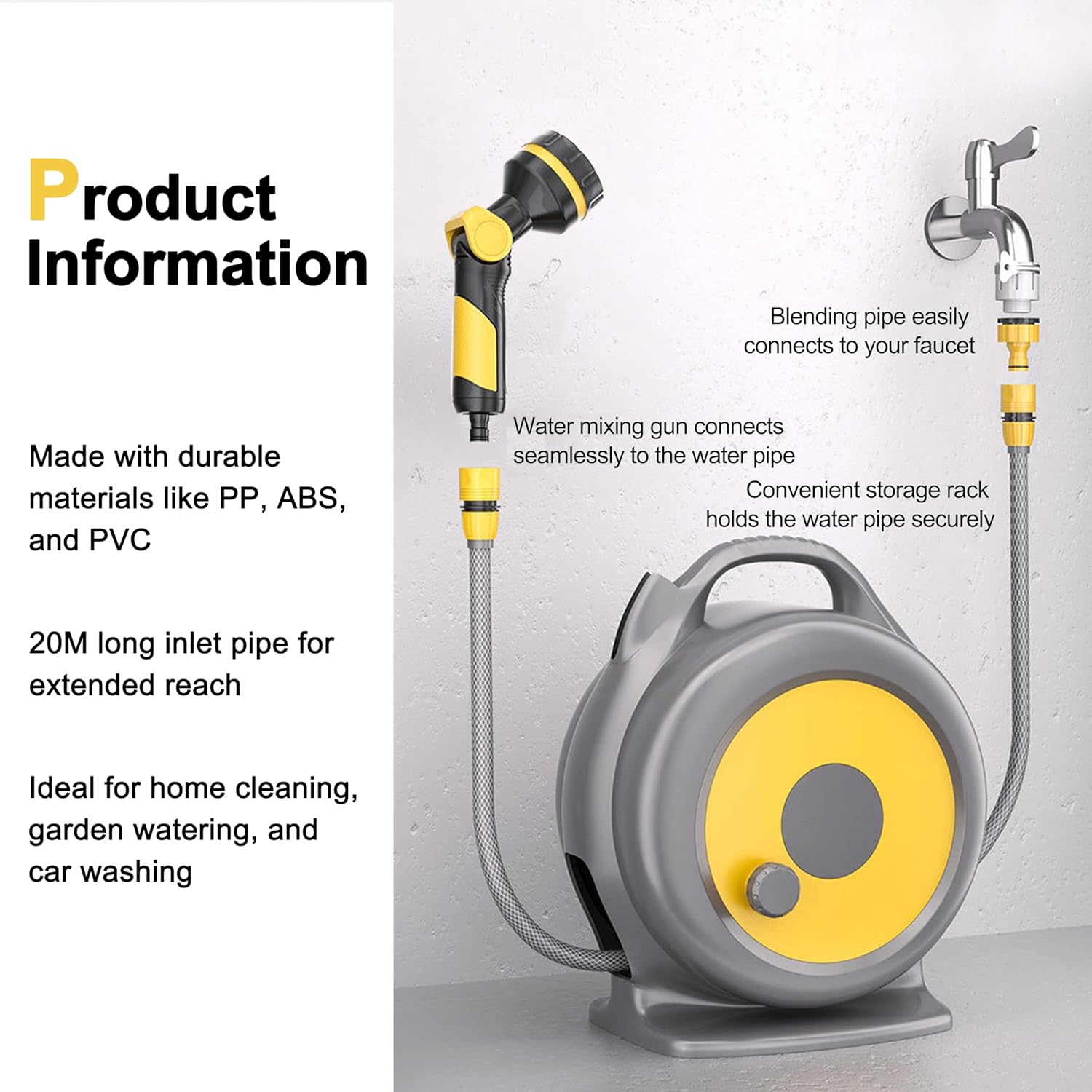 ONEIN Retractable Garden Hose Reel &ndash; 20M Water Hose with 10-Pattern Spray Nozzle, Built-In Storage Rack for Gardening, Car Washing and Outdoor Cleaning image number 3