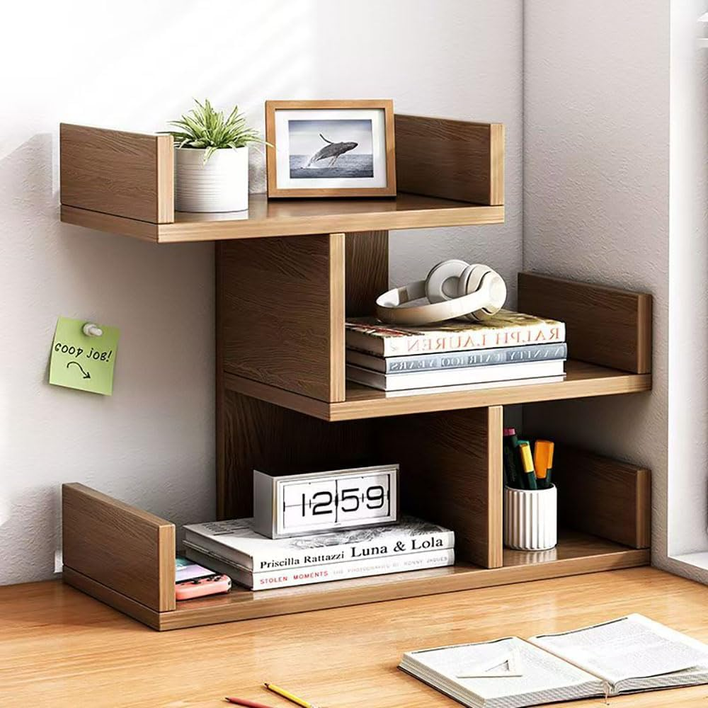 Hbluefat Desktop Storage Shelf, Small Wood Desk Bookshelf/Bookcase, Tabletop Display Rack Organisers for Books/Cds/Albums/File (Wood)
