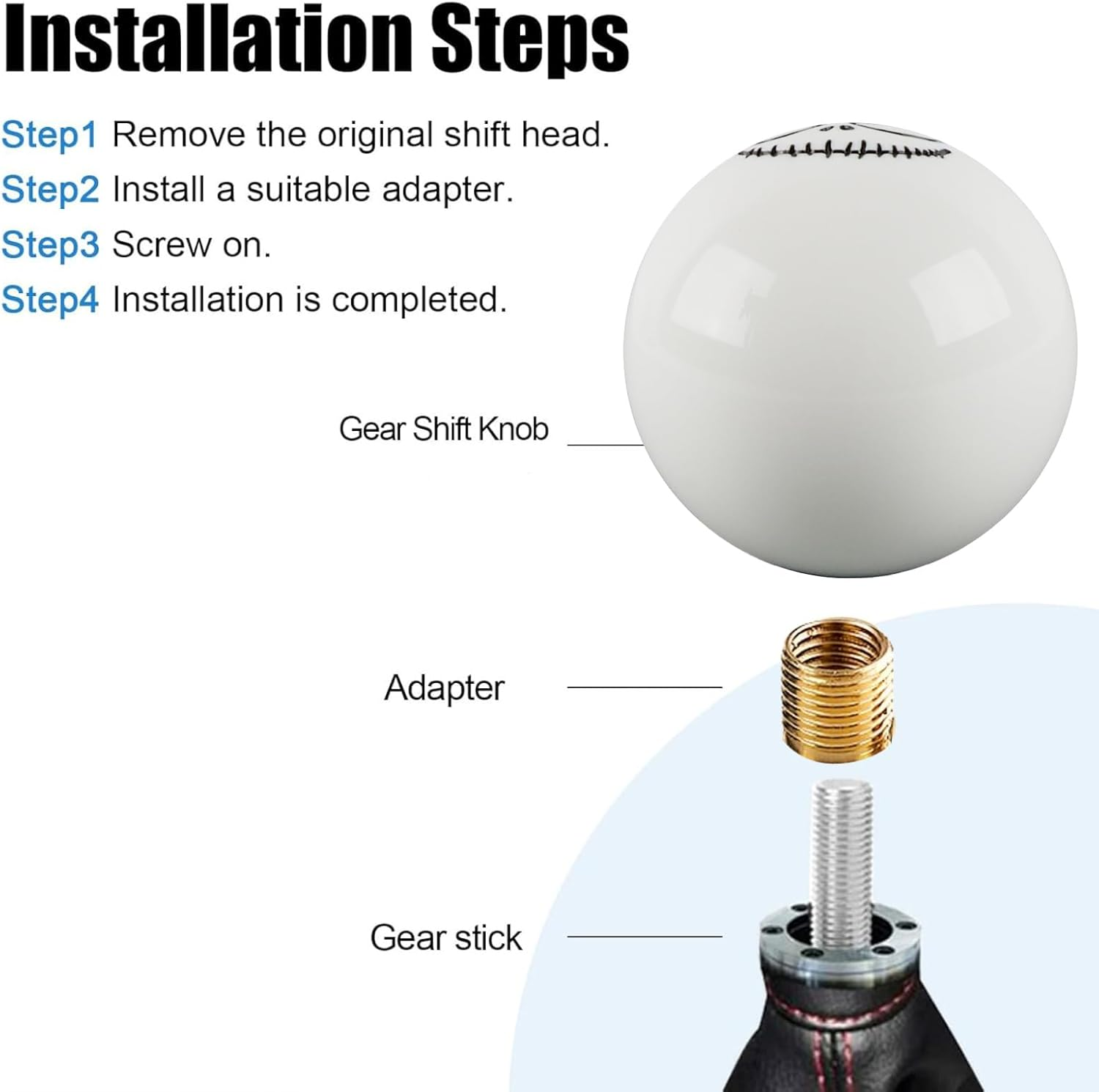 Zurligi round Ball Smiley Expression Shift Knob, Universal Shift Knob, round Head with M8*1.25, M10*1.25, M10*1.5 Adapter, Universal Fit Compatible with Manual Car (White) image number 3