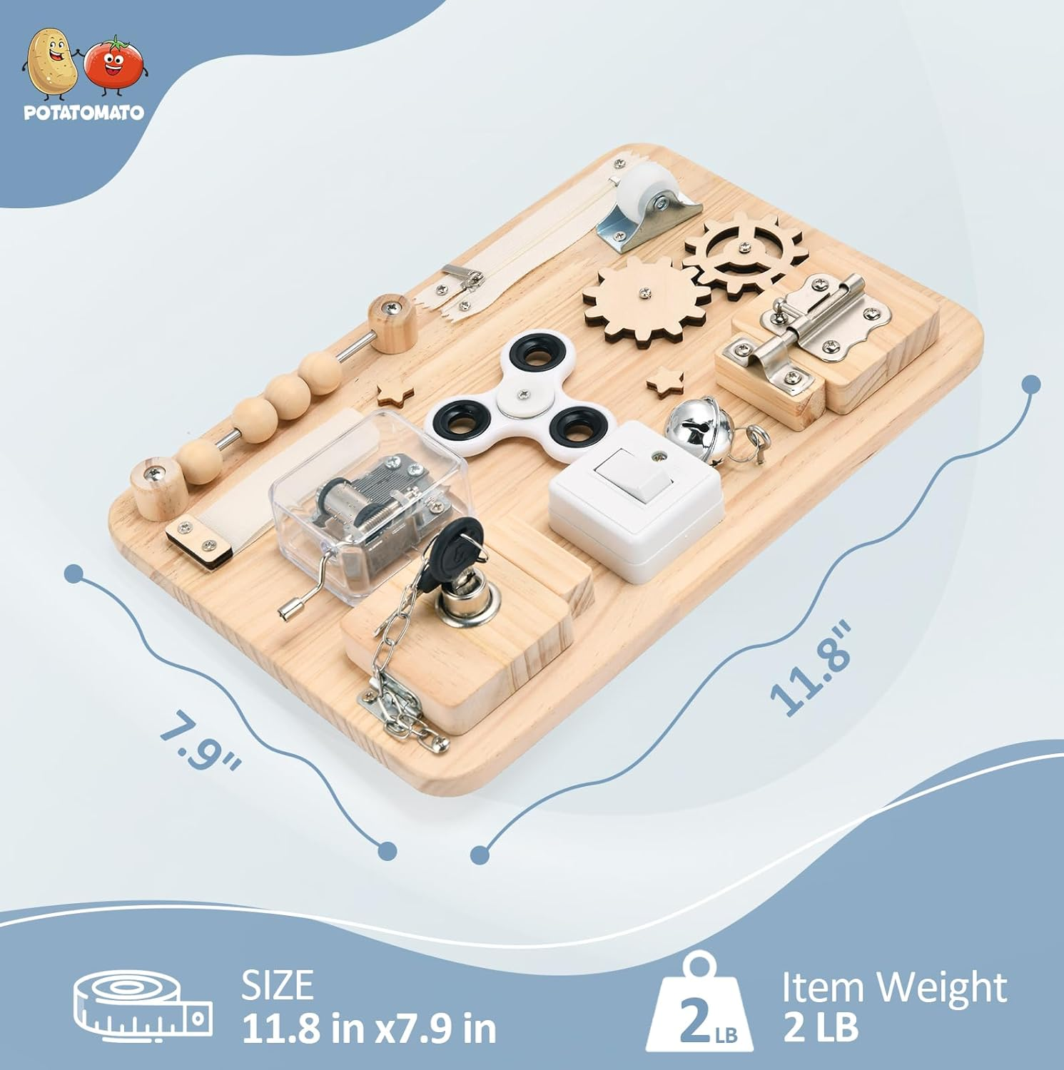 Potatomato Montessori Busy Board -Toddler Sensory Wooden Toys for Baby - Prechool Educational Activities for Learning Fine Motor Skills - Fidget Board for Boys Girls Kids image number 5