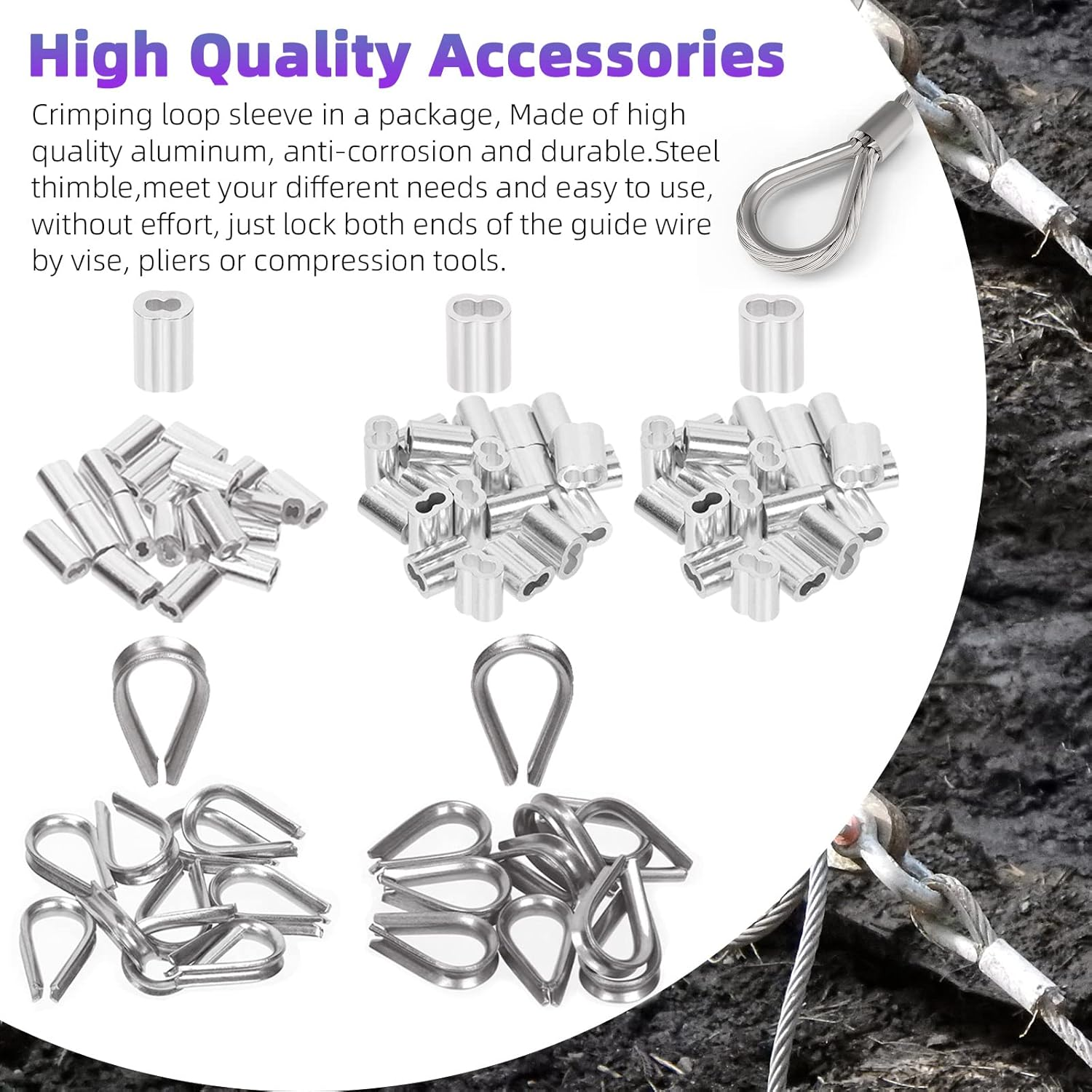 Swpeet 83Pcs Wire Rope Crimping Tool Set, Cable Crimps up to 2.2Mm and Cable Cutter up to 5/32", 3 Size Aluminum Double Crimping Loop Sleeve, 2 Size Stainless Steel Thimble and Cut Resistant Gloves image number 6