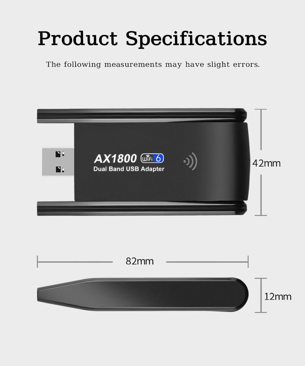 1800Mbps USB Wifi 6 Adapter,Dual Band 5Ghz 1201Mbps + 2.4Ghz 574Mbps,Long Range USB Wifi Adapter with High Gain Double Antennas,802.11Ax,For Desktop PC Laptop Support Windows 10/11,Black image number 1