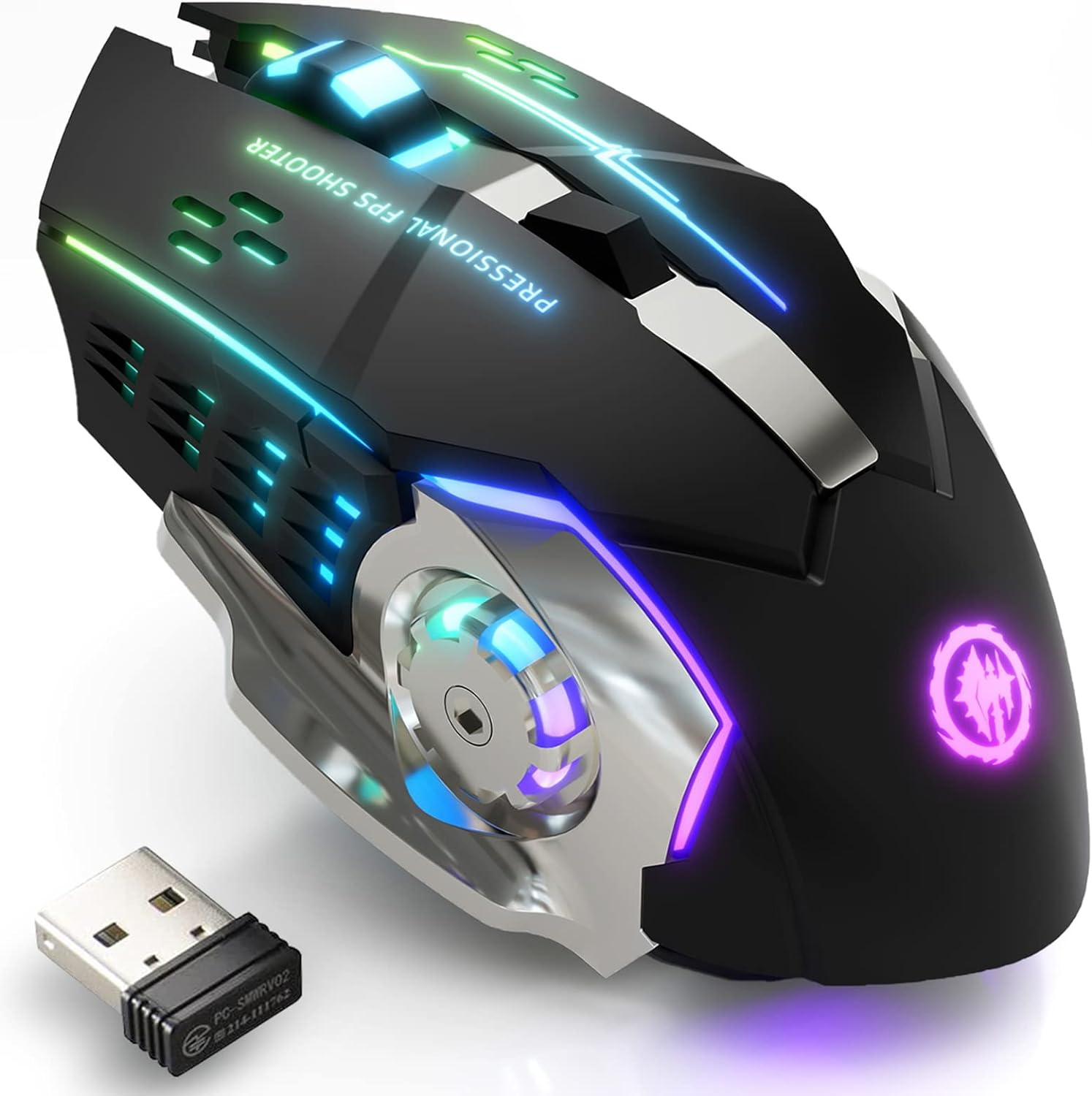 Wireless Gaming Mouse Bluetooth Mouse RGB Rechargeable 2.4G USB Cordless Computer Mice with 7 Color Backlit, 6 Buttons & Silent Click for Laptop, Ipad, Mac OS, PC, Windows -White