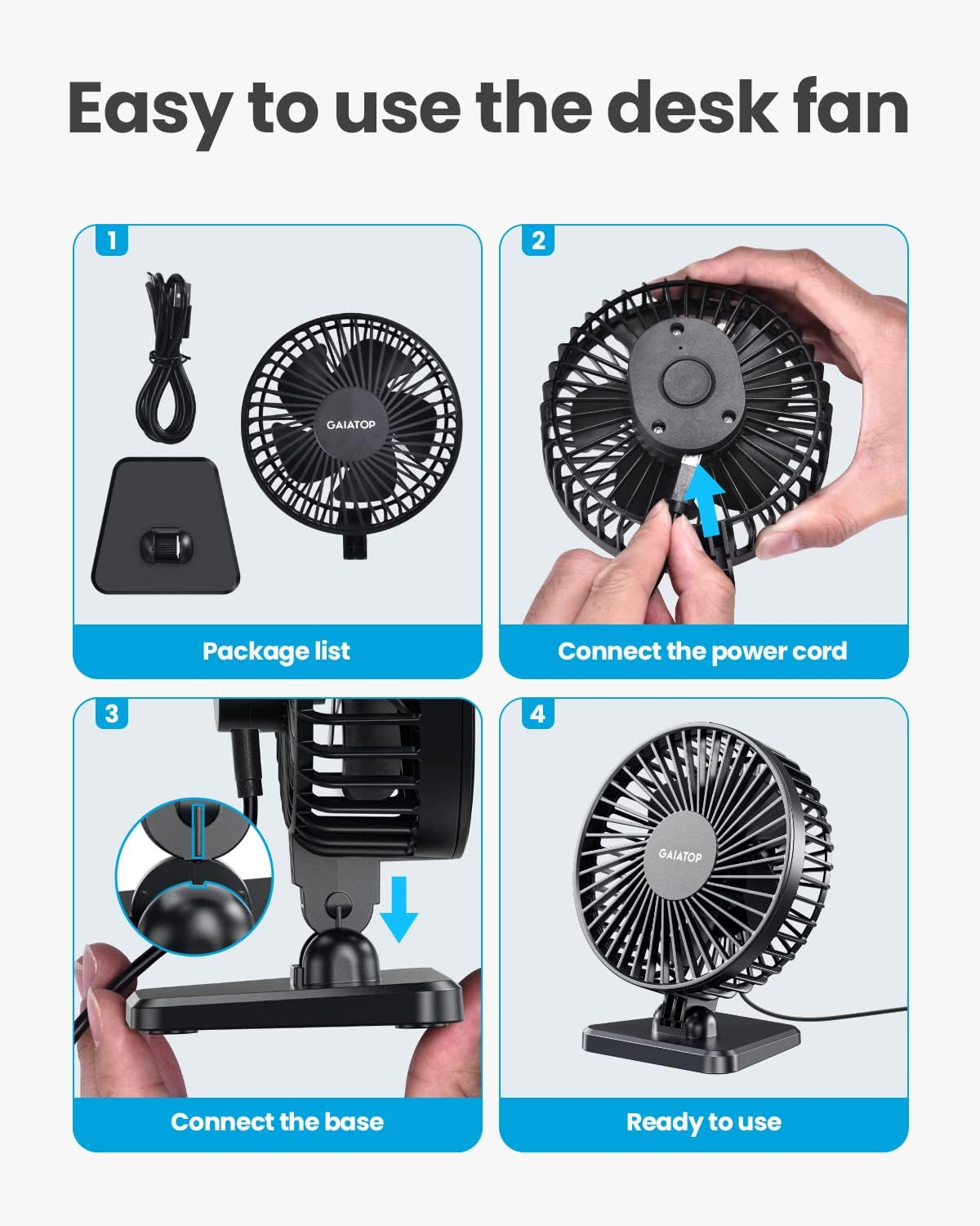 Gaiatop USB Desk Fan, Small but Powerful, Personal Portable Quiet 3 Speeds, Adjustable Mini Table Desktop Fan for Cooling Home Office Car Summer Travel Gifts Black image number 4