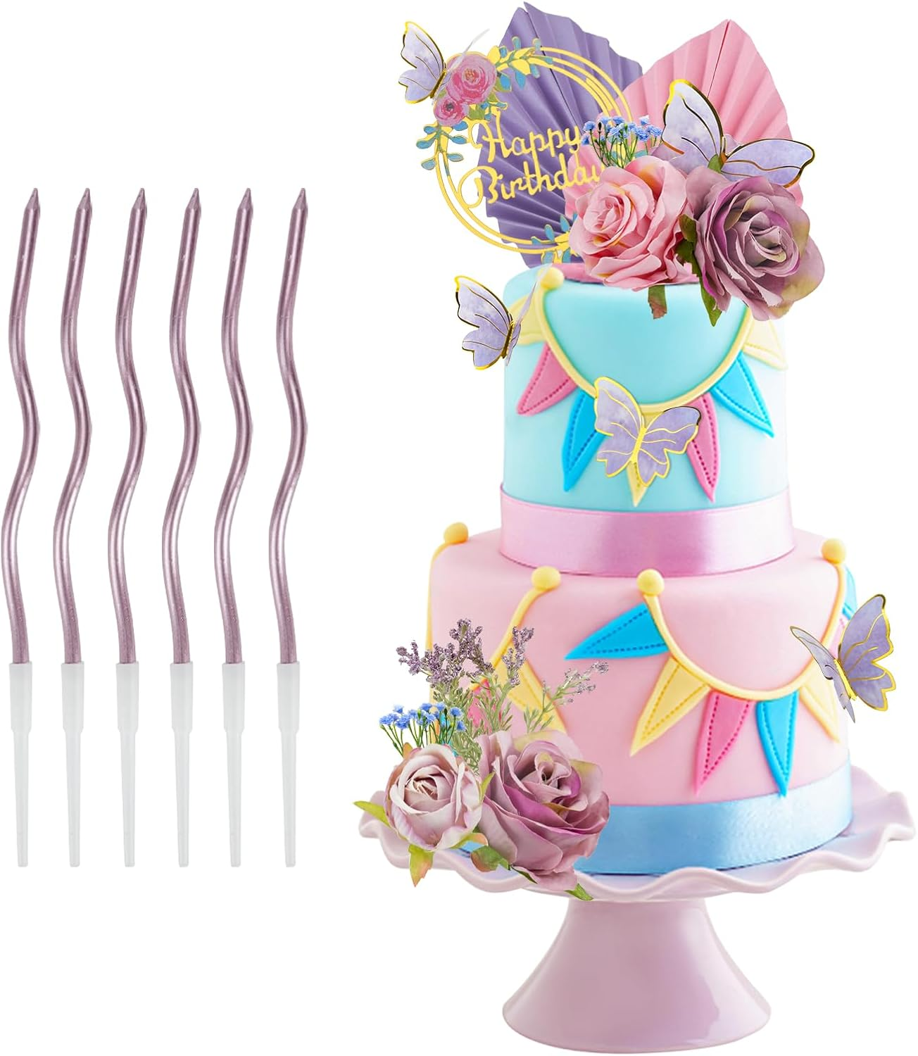 28 PCS Boho Cake Toppers Cake Decoration with Pink Purple Flowers Butterflies Palm Leaves Candles for Birthday Themed Baby Shower Party Wedding Supplies (Pink Purple) image number 1