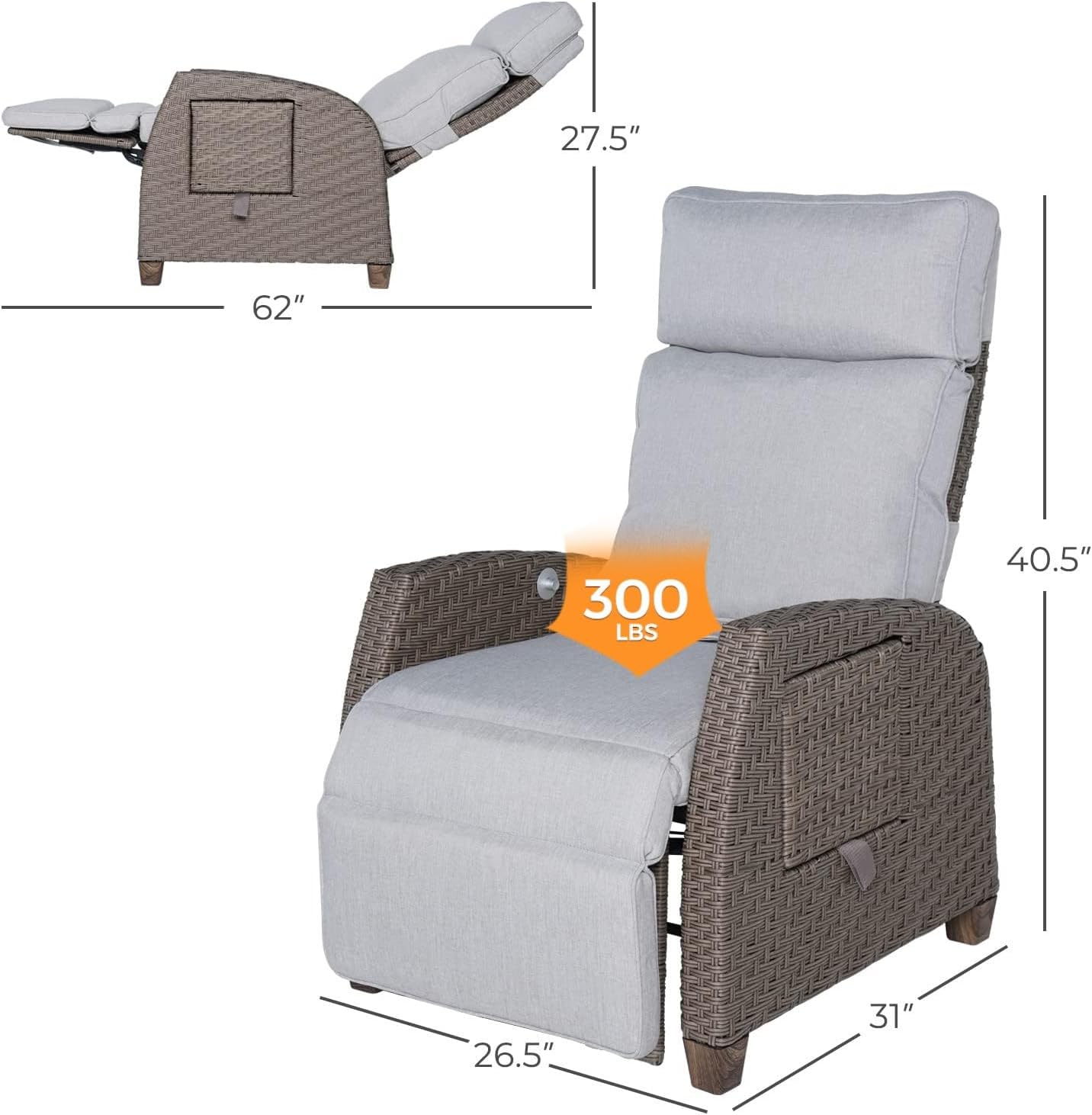 Grand Patio Indoor & Outdoor Recliner Chair PE Wicker Patio Recliner with Flip Table Reclining Lounge Chair, Mist Grey image number 2