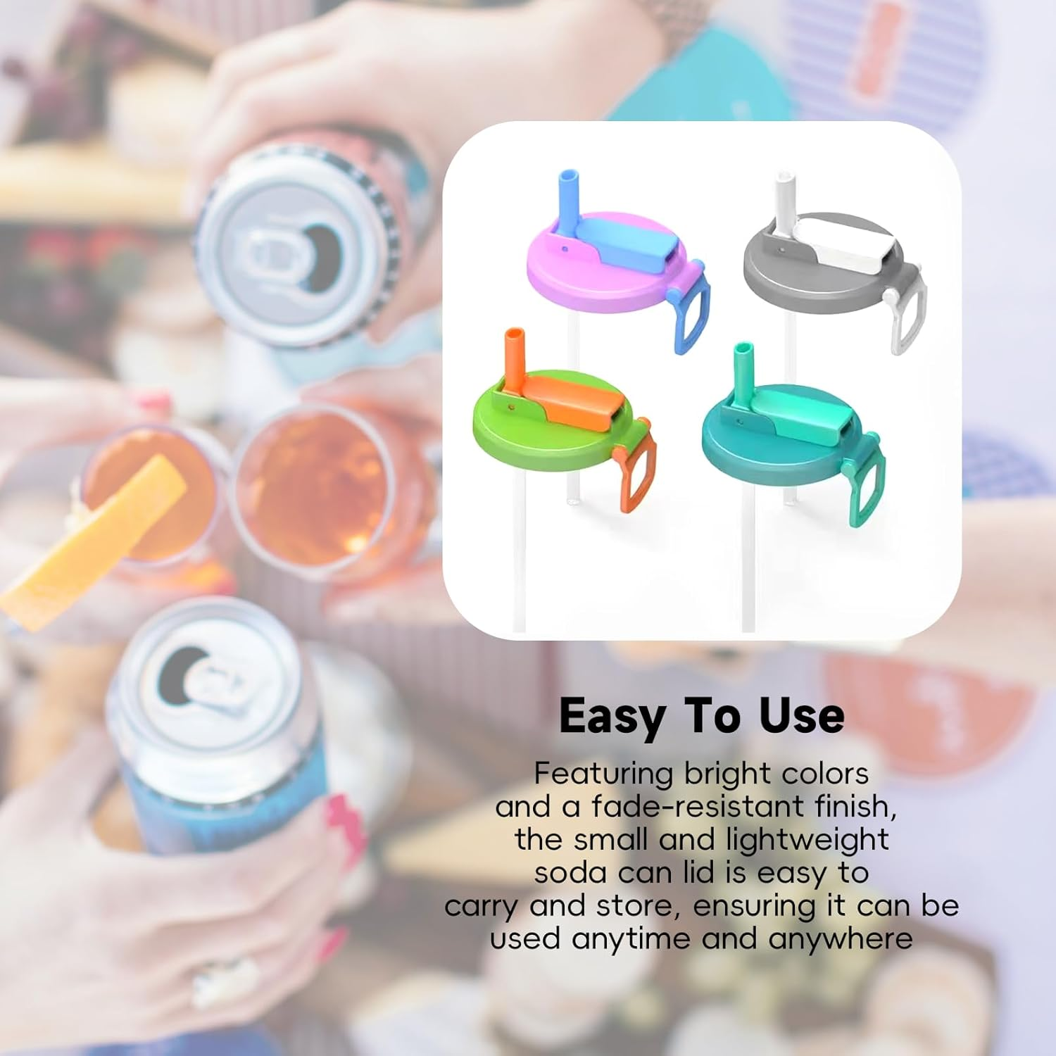 Soda Can Cover with Straw, 4 Pieces Spill-Proof Soda Can Lids, Silicone Lids for Soda and Beer Cans, Canned Beverage and Juice Drink Can Cover, Set of 4 image number 2