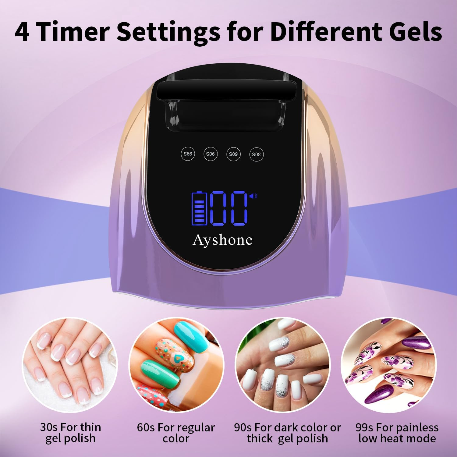 Ayshone Cordless Rechargeable UV Nail Lamp,96W UV Light for Gel Nails with Metal Base,Professional Fast Charger Curing Lamp,4 Timer Setting and Smart Sensor(Gradient Purple) image number 6