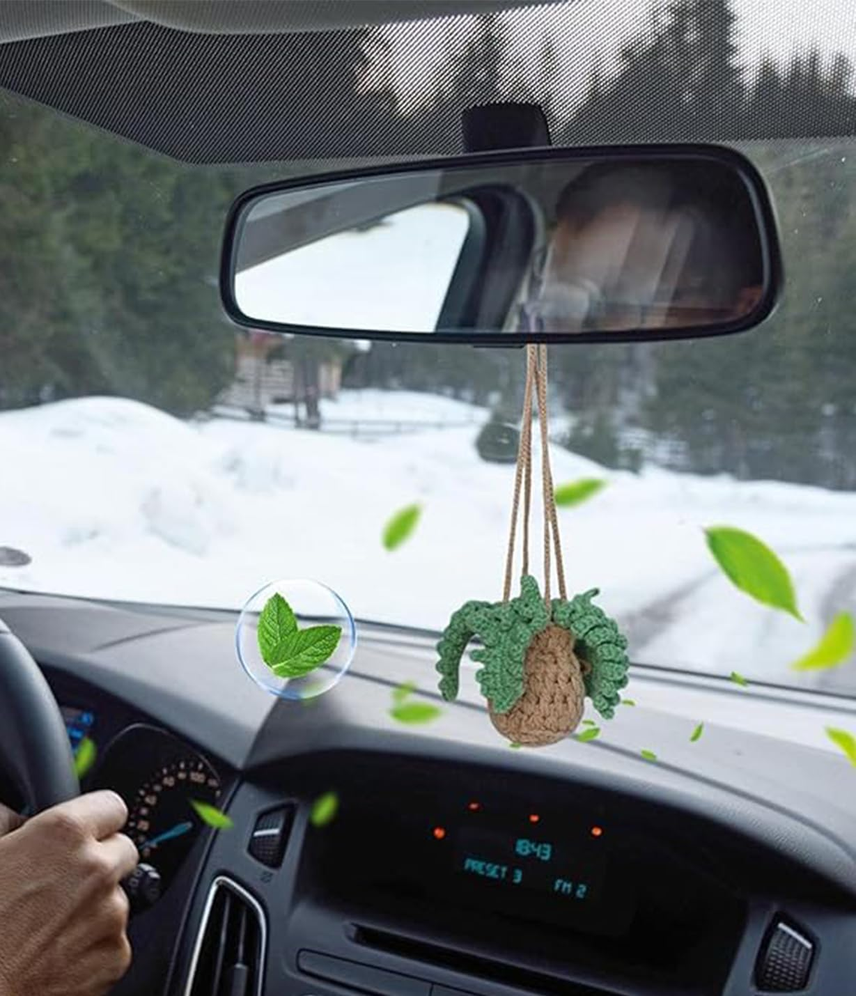 Crochet Car Air Freshener,Empty Refillable Car Oil Diffuser Bottle with Cute Crochet Plants Car Mirror Decor Hanging,Car Accessories for Women,Rear View Pendant, Crochet Accessories Car Decor image number 1