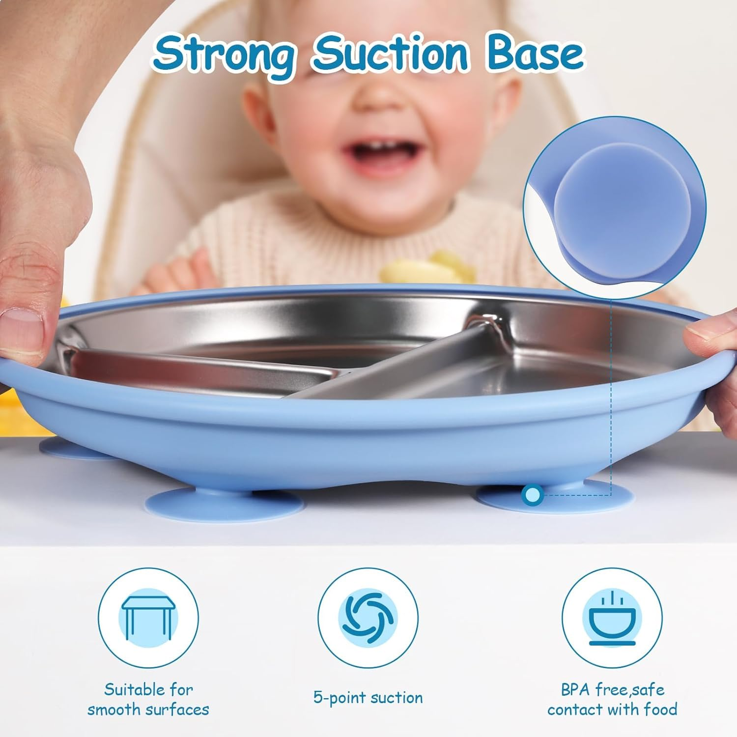 Stainless Steel Baby Plates with Suction,9&rdquo; Divided Plates Silicone Sleeve for Kids,Metal Toddler Plates BPA Free, Children Feeding Unbreakable Dishwasher Safe Set of 2 (Blue and Grey)