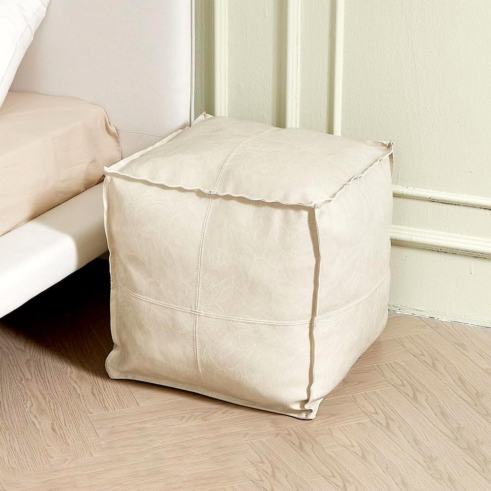 Betterlifewj Unstuffed Pouf Footstool Cover Handmade Faux PU Leather Moroccan Footrest Cover for Living Room Storage Clothes Blancket Balcony Office Outdoor Square Beige image number 3