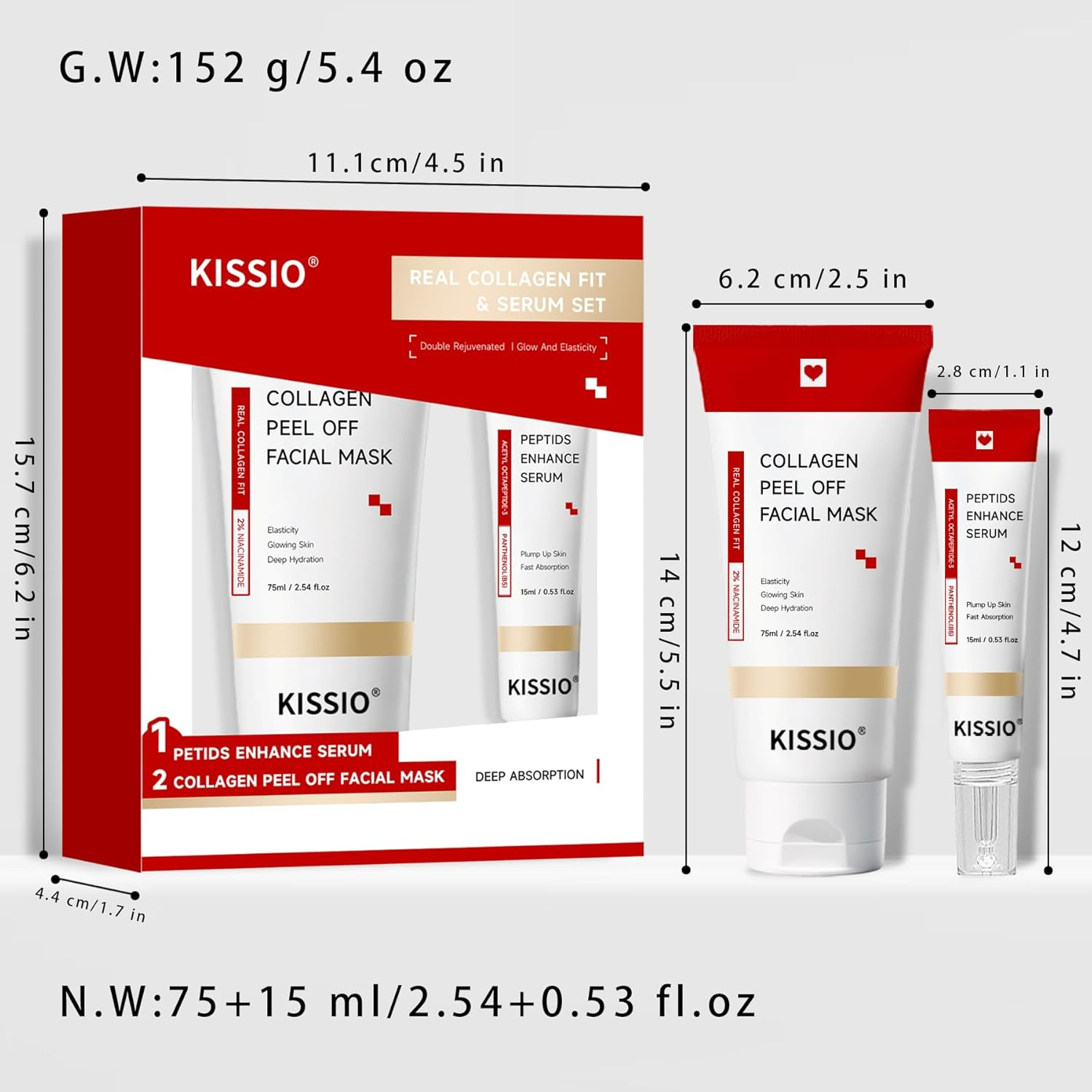 KISSIO Collagen Wrapping Mask Set,Enhance Serum and Peel off Facil Mask for Elasticity,Hydrating,Glowing and Plumping Skin,Face Mask with Collagen,Peptide and Niacinamide,Skin Care