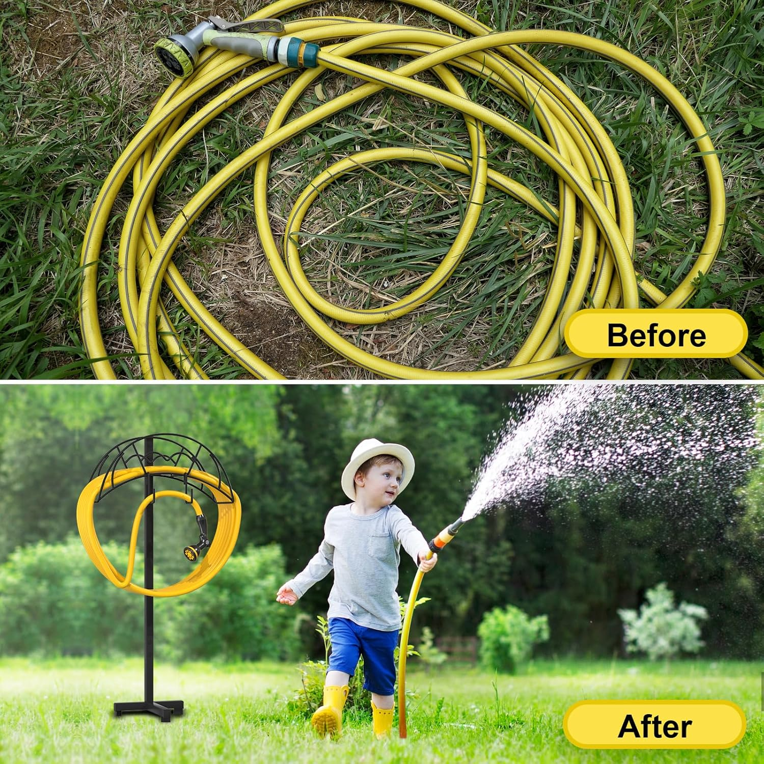 Vygrow Garden Hose Holder Freestanding, Heavy Duty Metal Water Hose Holders for Outside, Detachable Garden Hose Storage Stand Rack, Black image number 5