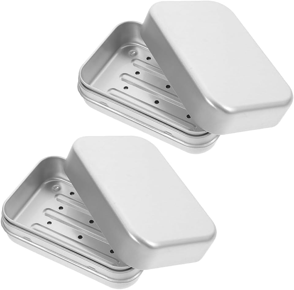 Baluue 2Pcs Bar Soap Holder Dish, Double Layer Metal Travel Soap Case with Lid for Shower, Portable Travel Size Toiletries Camping Essentials for Gym, Dorm, Bathroom, Silver Aluminium image number 4