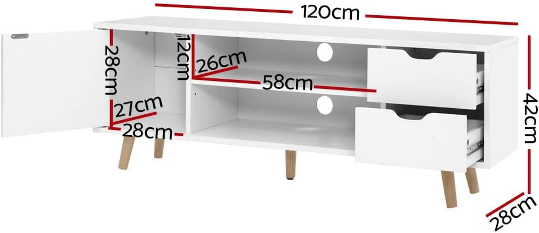 Artiss TV Unit Cabinet Entertainment Units, Wood Stand Table Cabinets Storage Shelf Organiser Cupboard Home Living Room Bedroom Furniture, with 2 Drawer and Cable Management Holes White image number 4