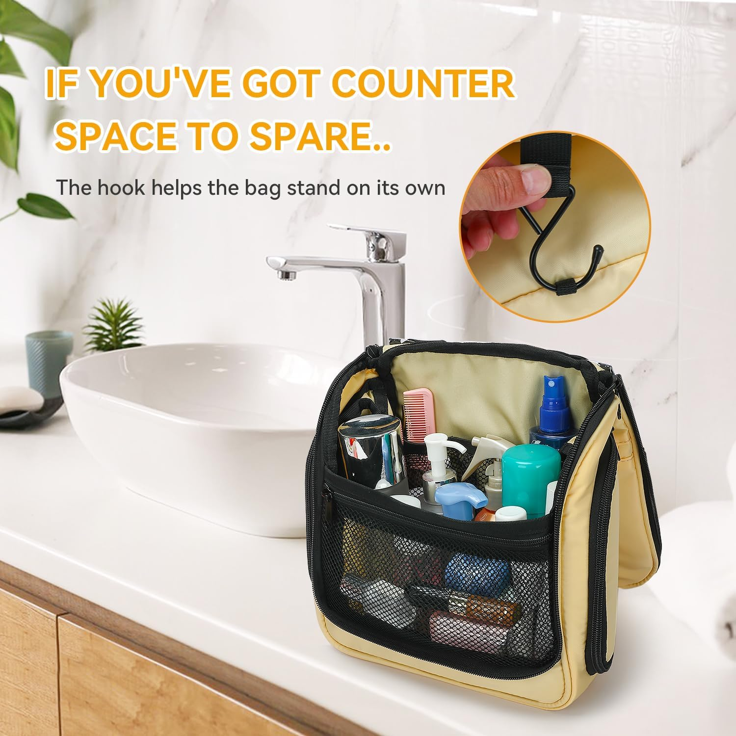 SEEKR Hanging Travel Toiletry Bag, Makeup Organiser, Expandable Compartments and Removable Pouches, for Toiletries, Cosmetics and Travel Essentials, Ideal for Luggage, Camping, Beach or Home (BEIGE)