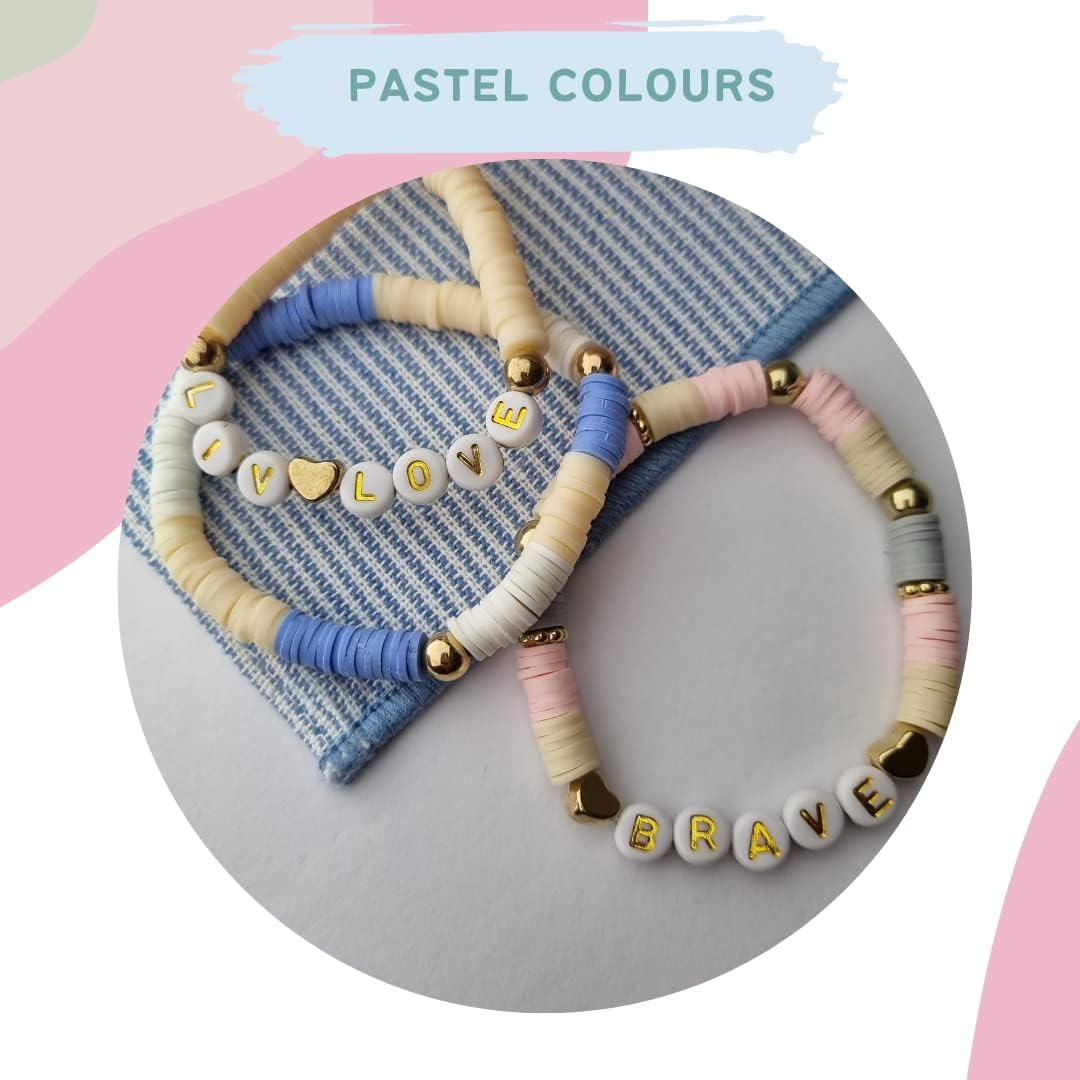 LIV&LOVE Polymer Clay Beads Set, DIY Heishi Beads for Jewellery Making, Flat Clay Polymer Beads for Bracelet Making Kit (PASTEL + SOFT GOLD Clay Bracelet Clay Beads Kit) image number 4