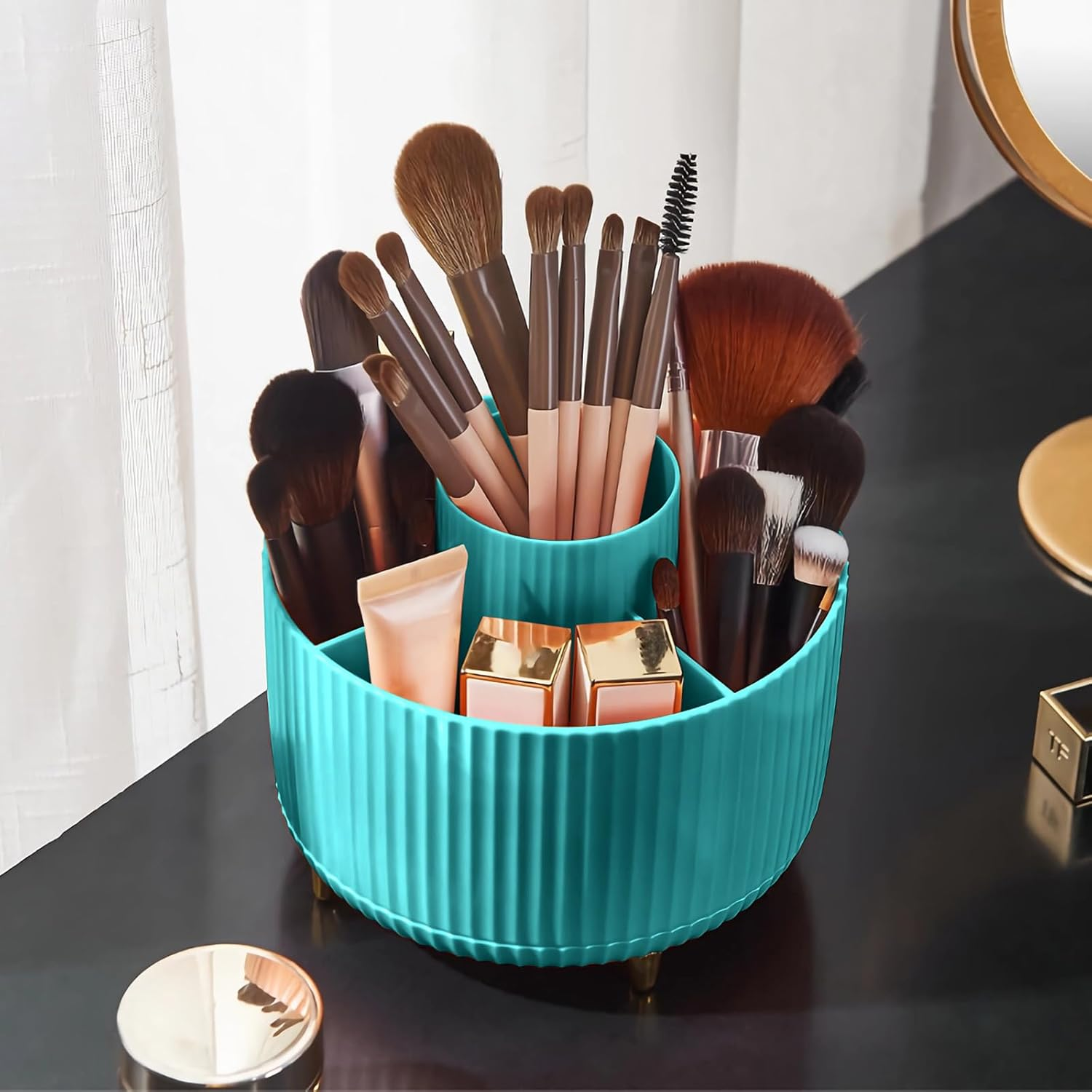 Diesisa Makeup Brush Holder Organizer,360&deg; Rotating Makeup Brush Organizer,5 Slot Make up Brushes Cup for Cosmetics, Nail Polish, Art Supply, Bathroom Vanity Desktop Organizer - White