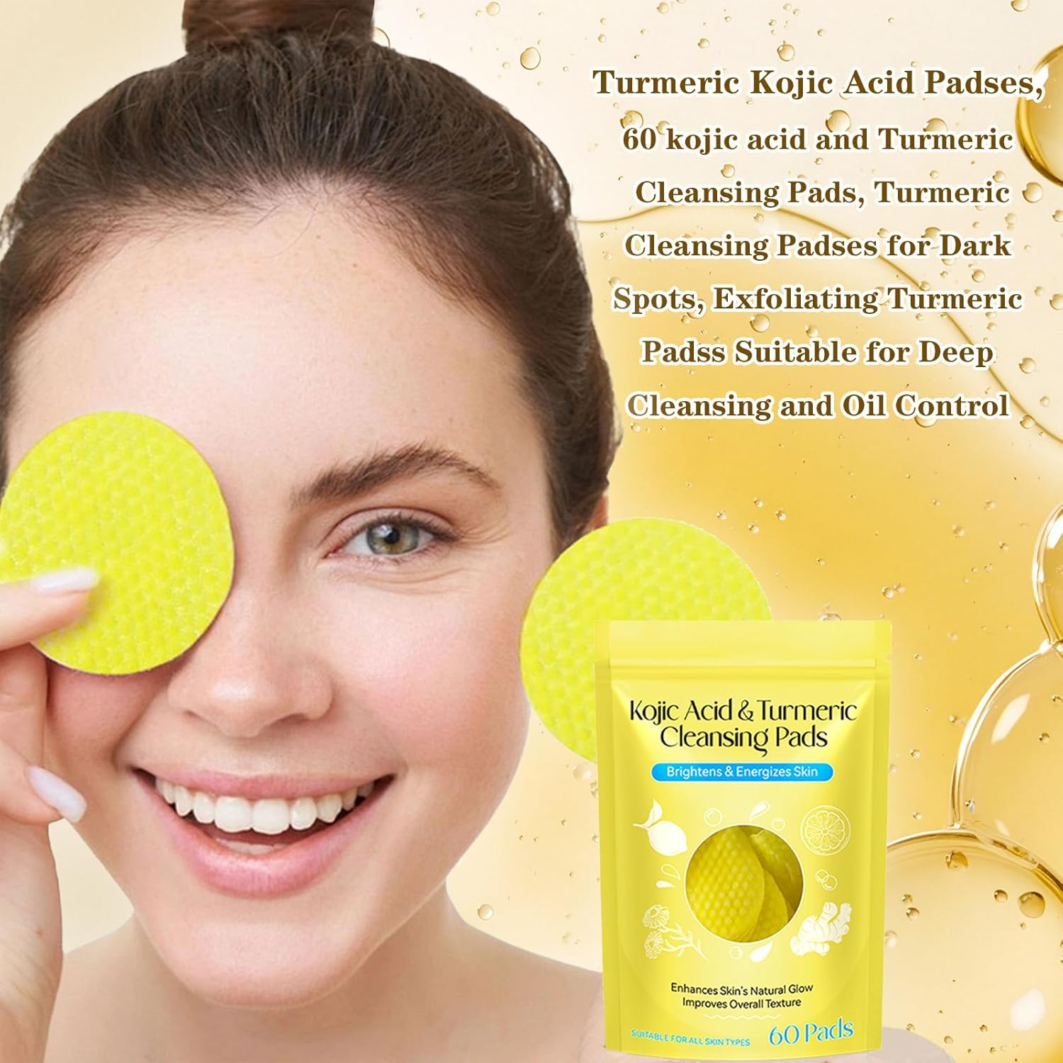 120Pcs Turmeric Kojic Acid Cotton Pads for Face,Deep Cleaning and Oil Controlexfoliating Pads,Arbutin Effectively Cleans the Stratum Corneum，Yellow