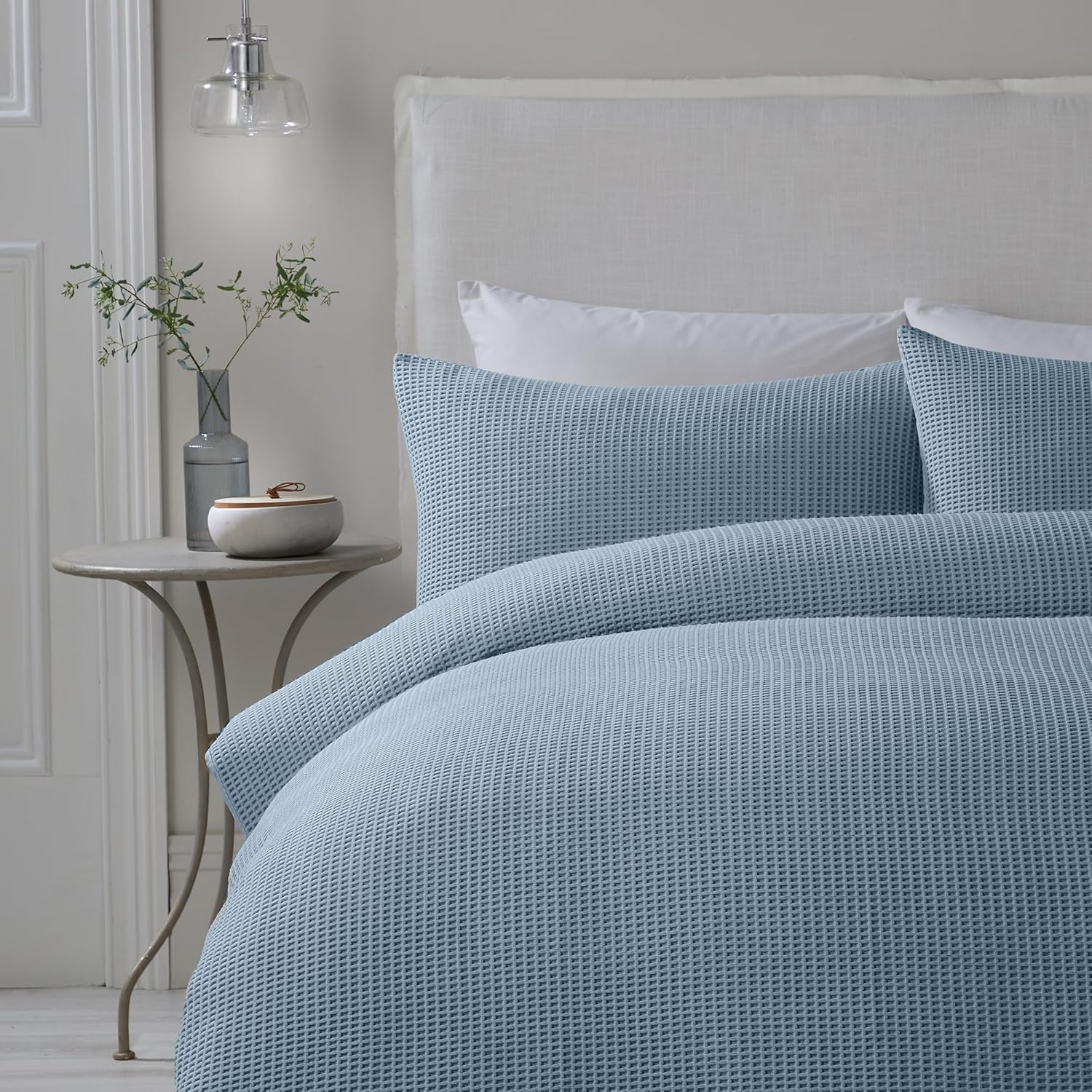 Serene - Blue Waffle Duvet Cover - King Size (230 X 220 Cm) - Soft Luxury Bedding - Lattice Textured Square Pucker Cover - Lindly Collection