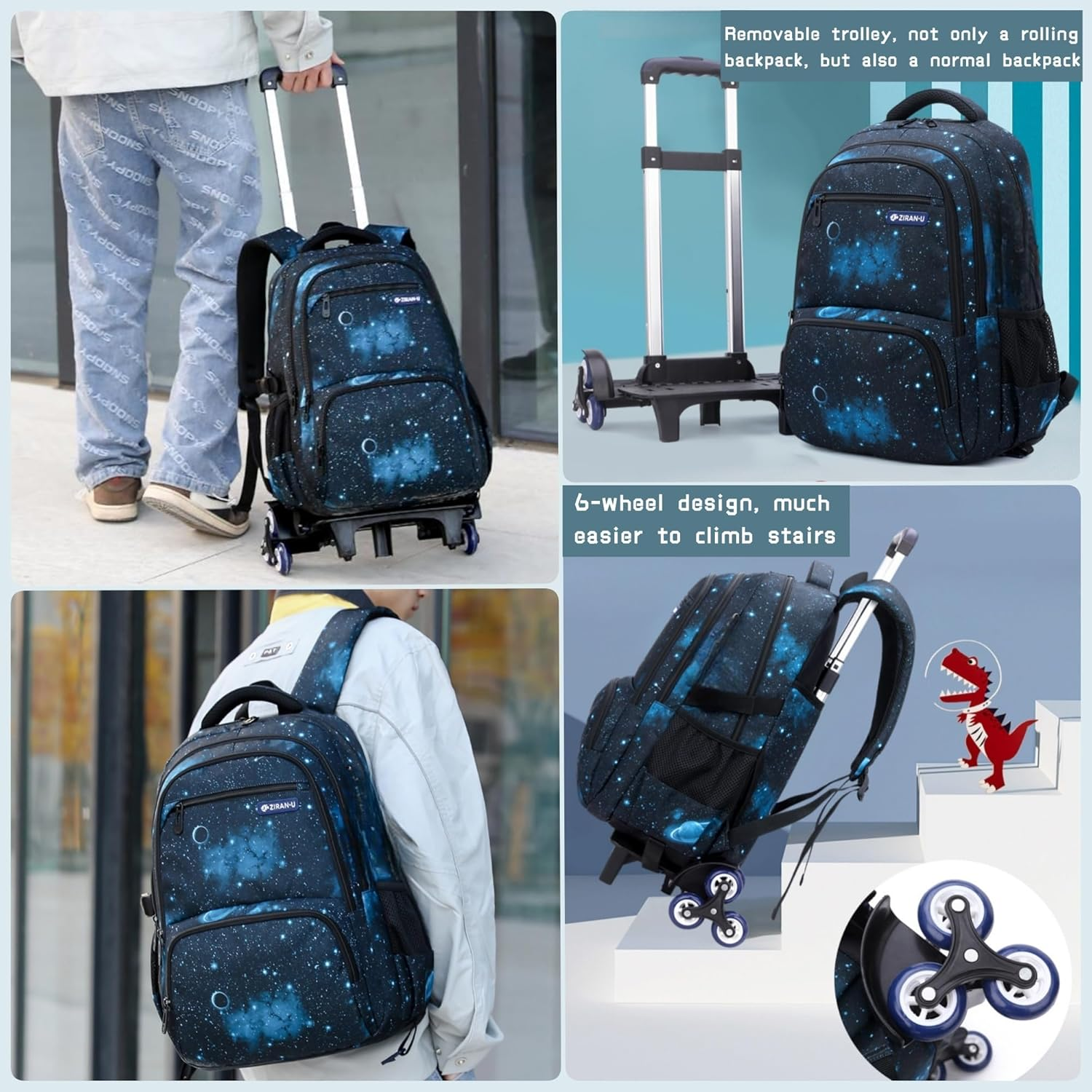 Galaxy Print Rolling Kids Backpack for Boys School Bag Elementary Bookbag with Wheels, 3Pcs-Style B-Galaxy-Black Blue, 3Pcs Rolling Backpack Set, Daypack Backpacks image number 6
