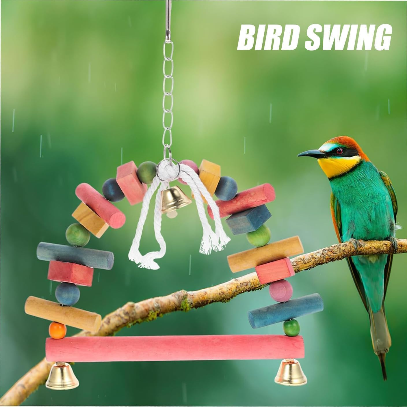 Wooden Hanging Bird Swing Perch with Bell, 1Pc Wooden Bird Swing Perch Parrot Hanging Toy with Bell, Bird Cage Swing Parrot Swing Hanger Toy Bird Cage Perched for Small Sized Birds image number 1