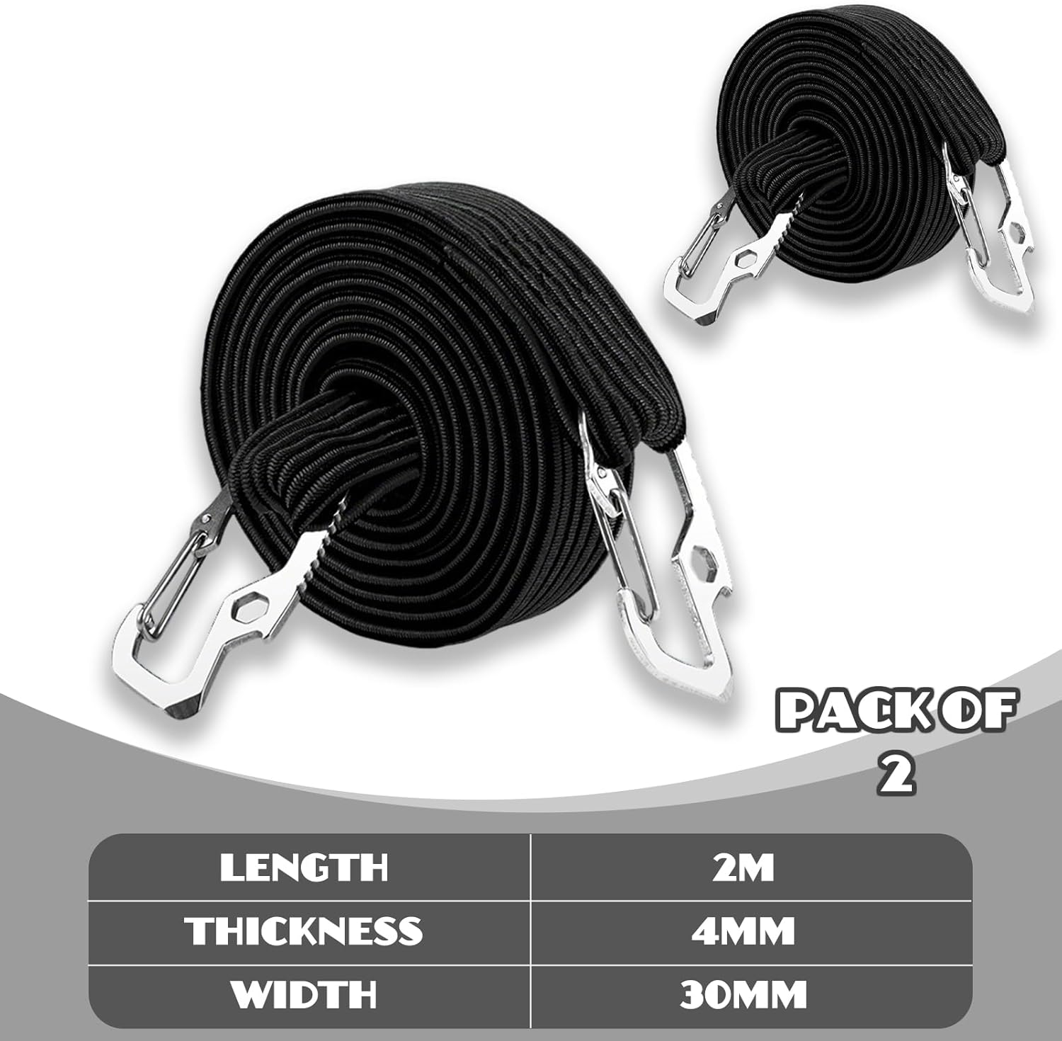 JZS Flat Bungee Cords with Hooks 2M Adjustable Elastic Bungee Straps with Hooks for Bicycles Camping Tent Luggage Fixings 2 Pack Black