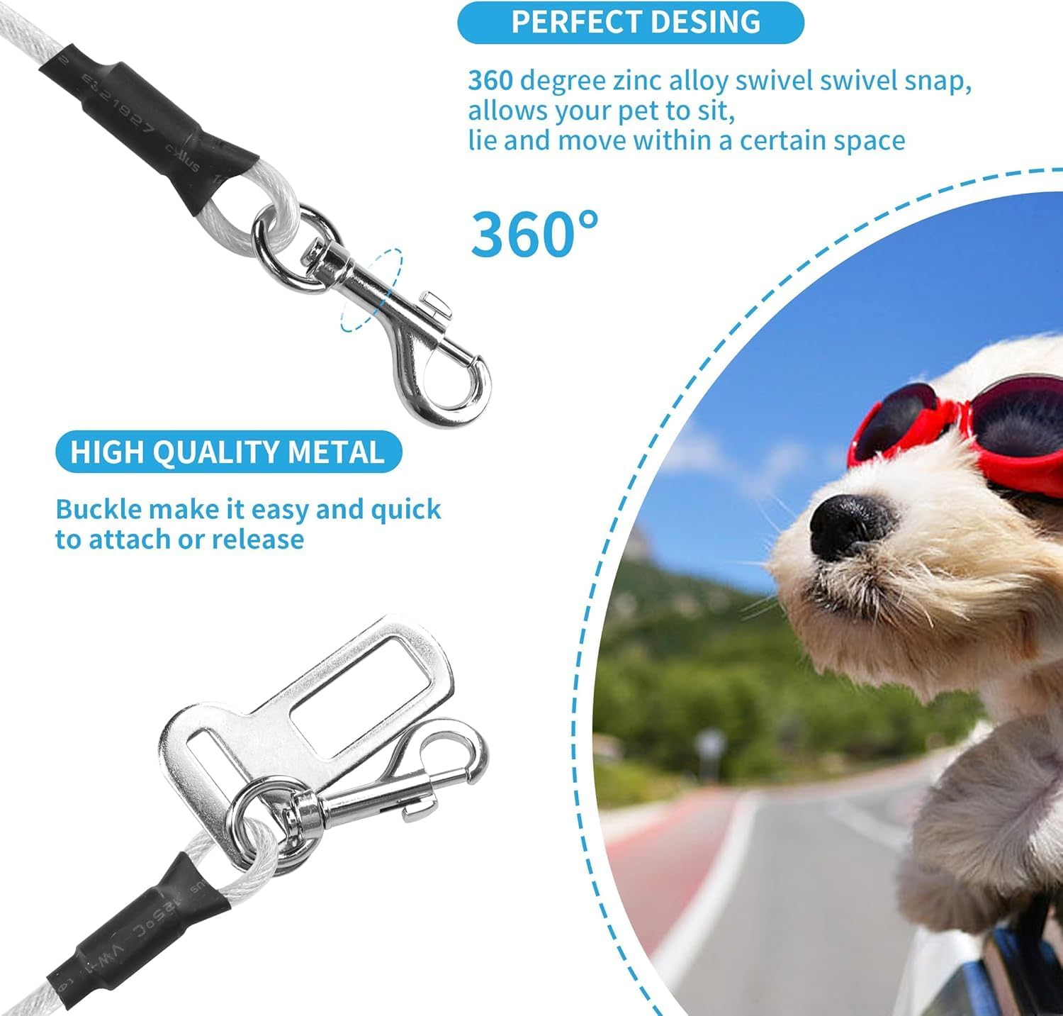 80 CM Dog Seat Belt Harness for Car, Chew Proof Tether Cable Dog Vehicle Seatbelt Safety Restraint, 360&deg; Rotation Hook Steel Cable Dog Headrest Support image number 1
