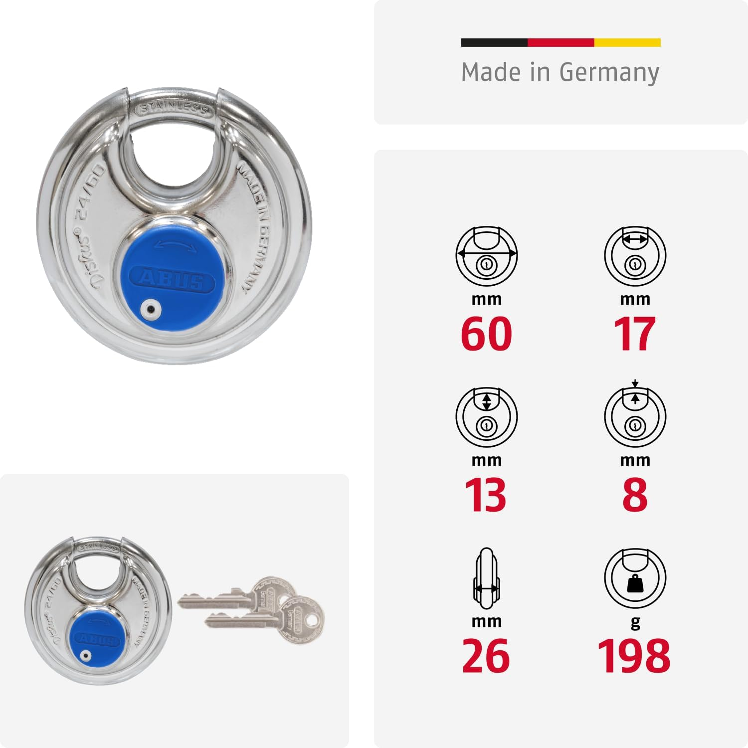 ABUS Diskus Padlock 24IB/60 Made of Stainless Steel - with 360&deg; All-Round Protection - for Securing in Extreme Weather Conditions - 05633 - ABUS Security Level 7 - Silver/Blue