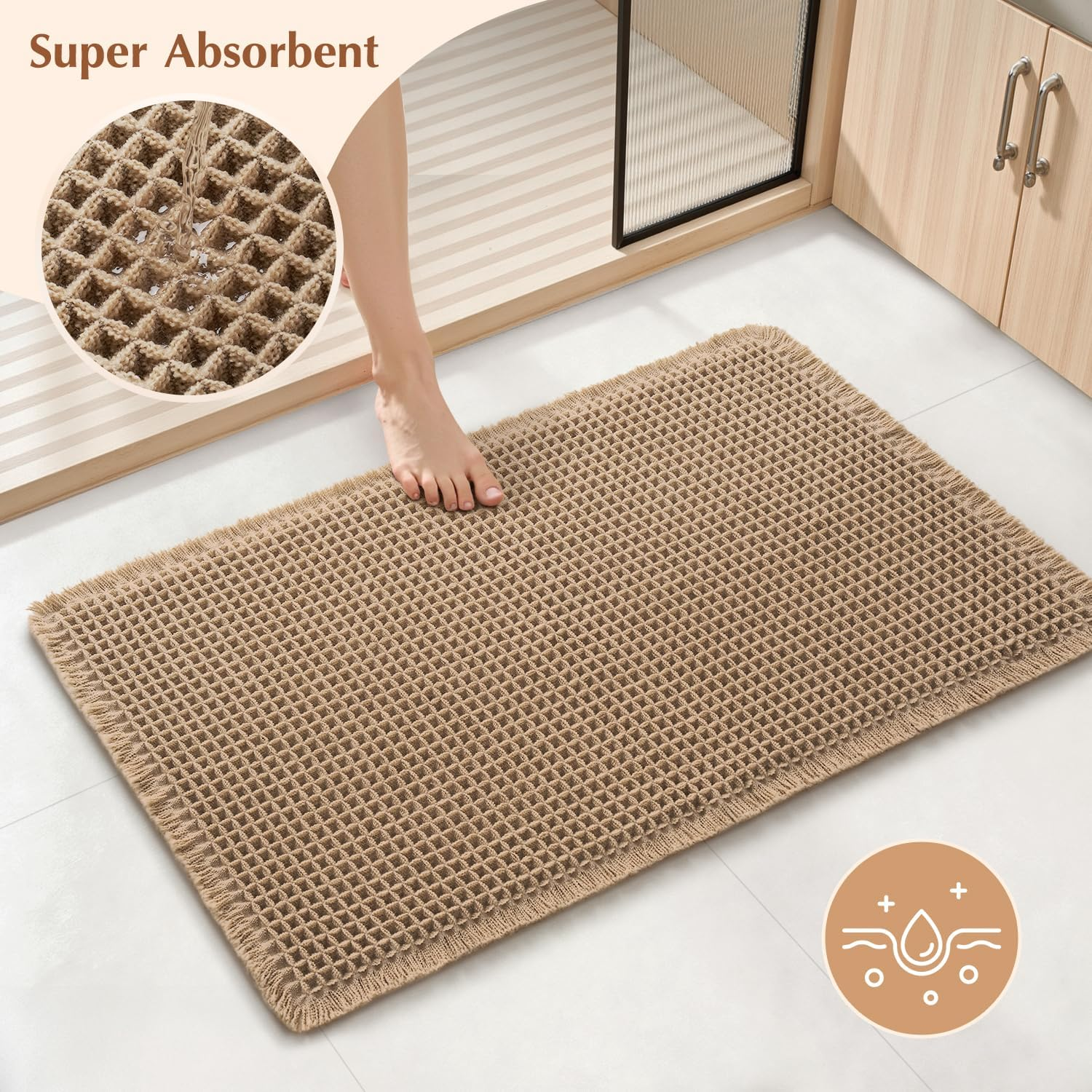 Rvolst Bath Mat Rug for Bathroom Waffle Woven Bathroom Mat Super Absorbent Machine Washable Non Slip Farmhouse Boho Bathroom Rug 46X77Cm Brown image number 6