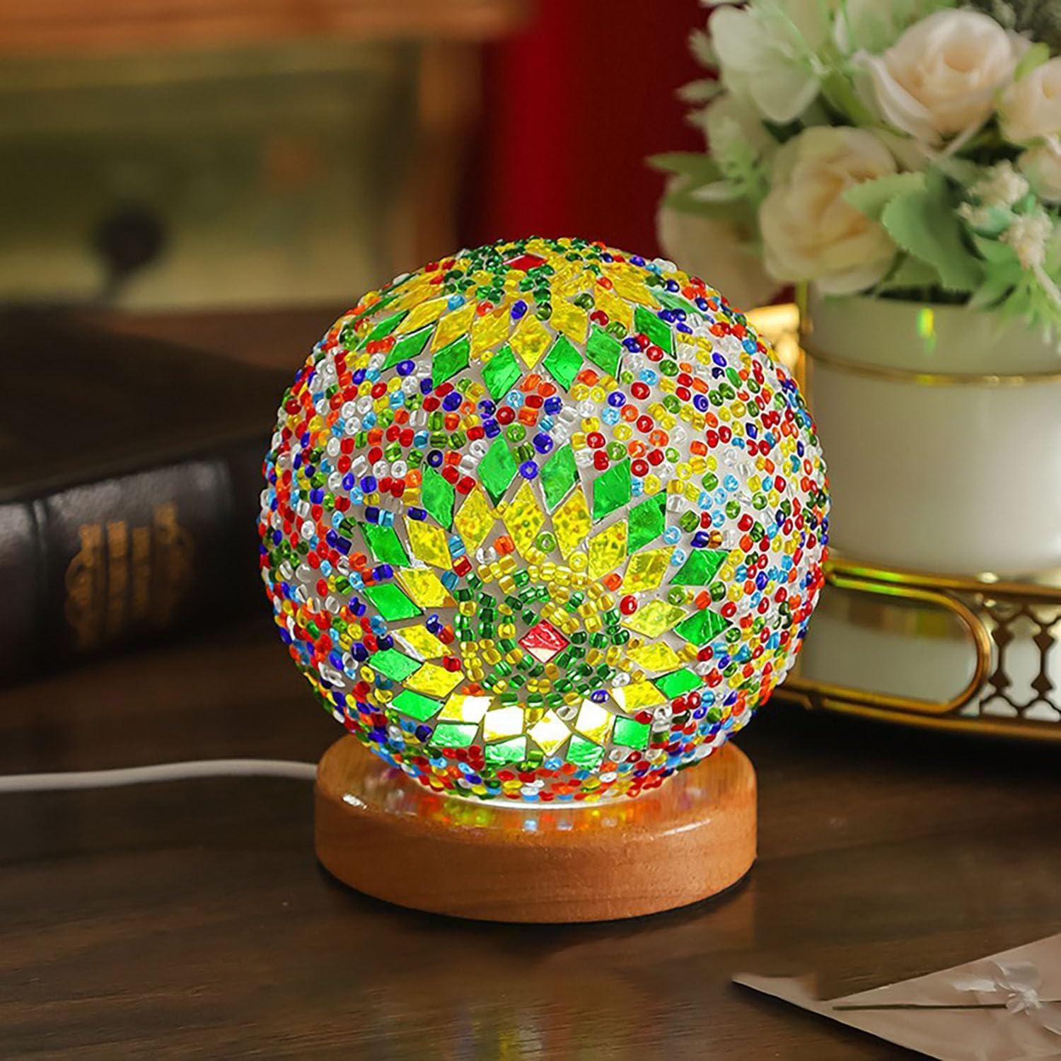 Boho Color Mosaic Lamp Vintage Retro Stained Turkish Moroccan Bohemian Tiffany Bedside Colorful Handmade Glass with Wood Base USB Charge Decor Light for Bedroom Ambient Living Room Farmhouse