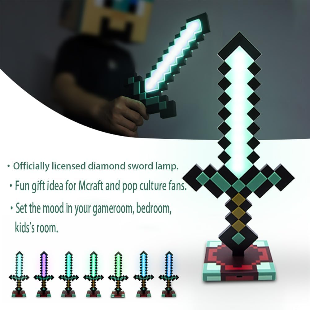 OVLENG Carft Diamond Sword Lamp - Night Lamp for Gaming Desk or Nightstand, 7 Adjustable Color Modes, Works with USB-C