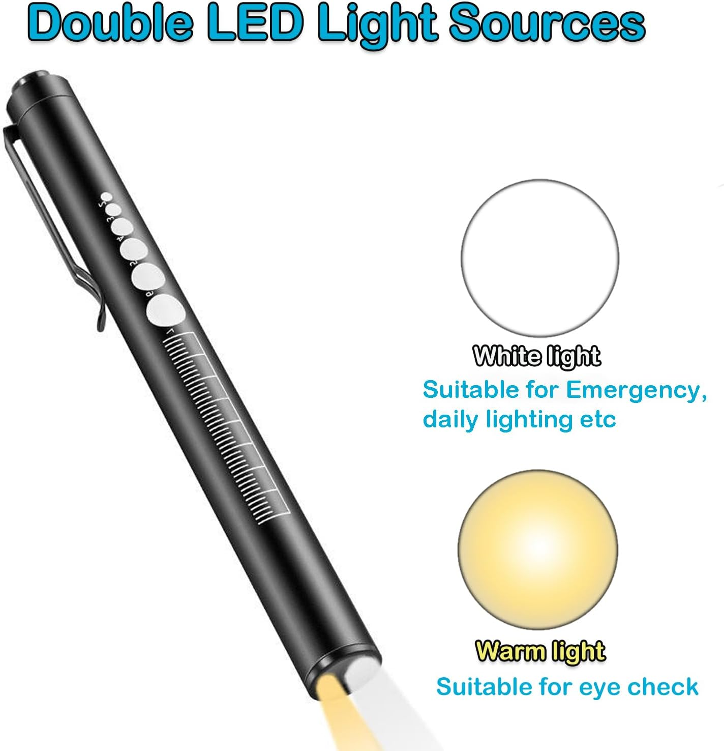 YUENTOEN Pen Light, LED Pupil Gauge Penlight with 2 Light LED Sources, USB Rechargeable Mini Penlight for Home Camping Outdoor and Emergency (Black) image number 5